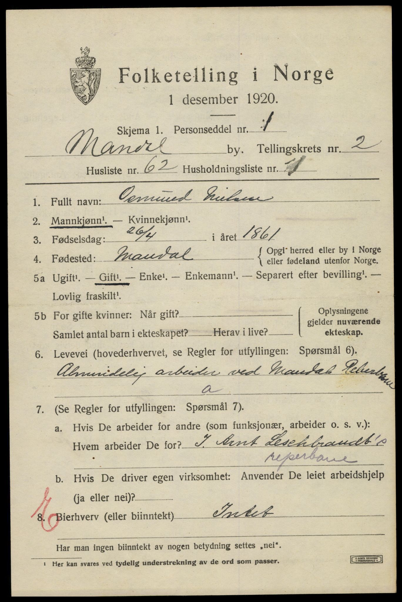 SAK, Folketelling 1920 for 1002 Mandal ladested, 1920, s. 4775