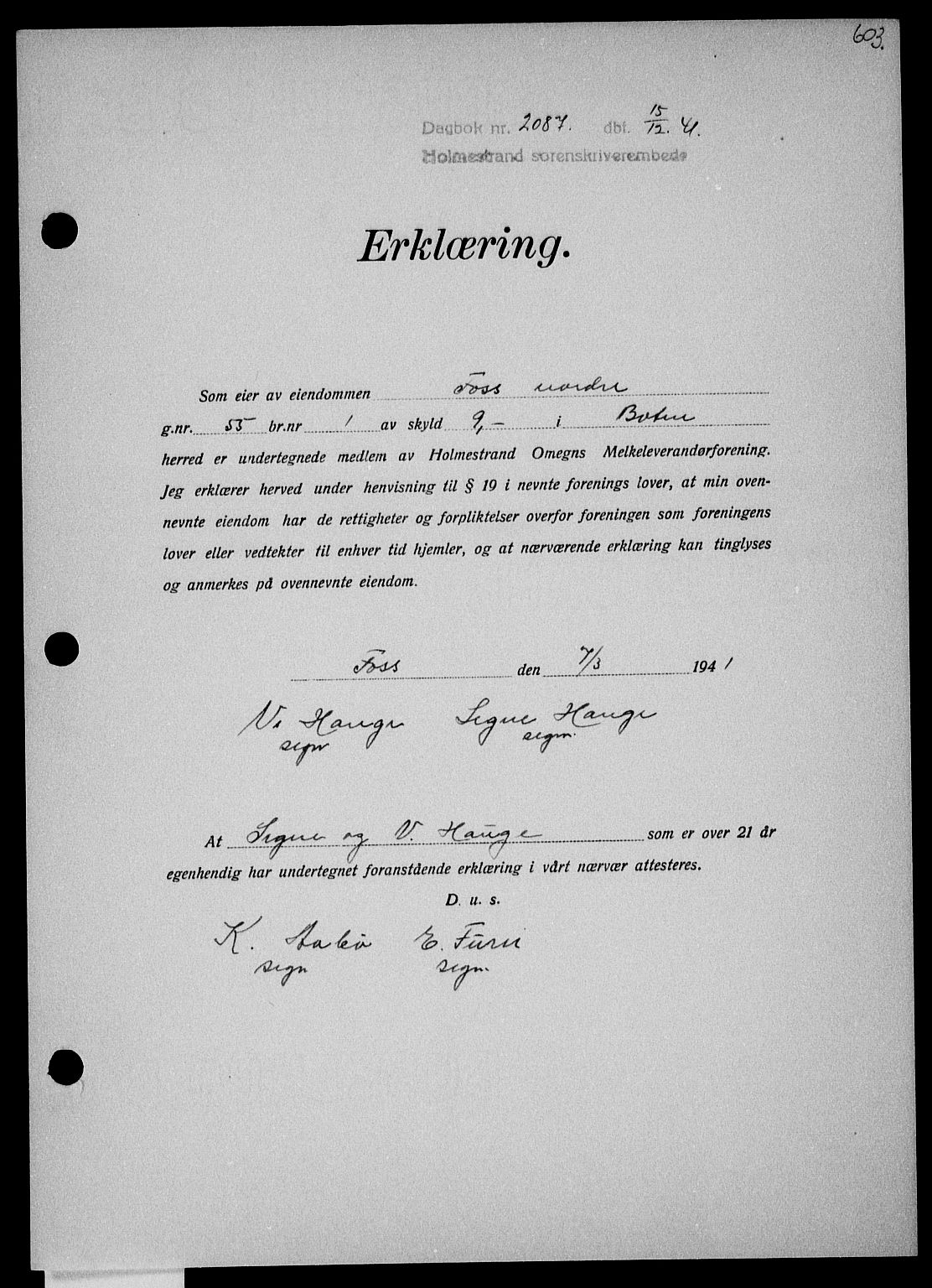 Holmestrand sorenskriveri, SAKO/A-67/G/Ga/Gaa/L0054: Pantebok nr. A-54, 1941-1942, Dagboknr: 2087/1941