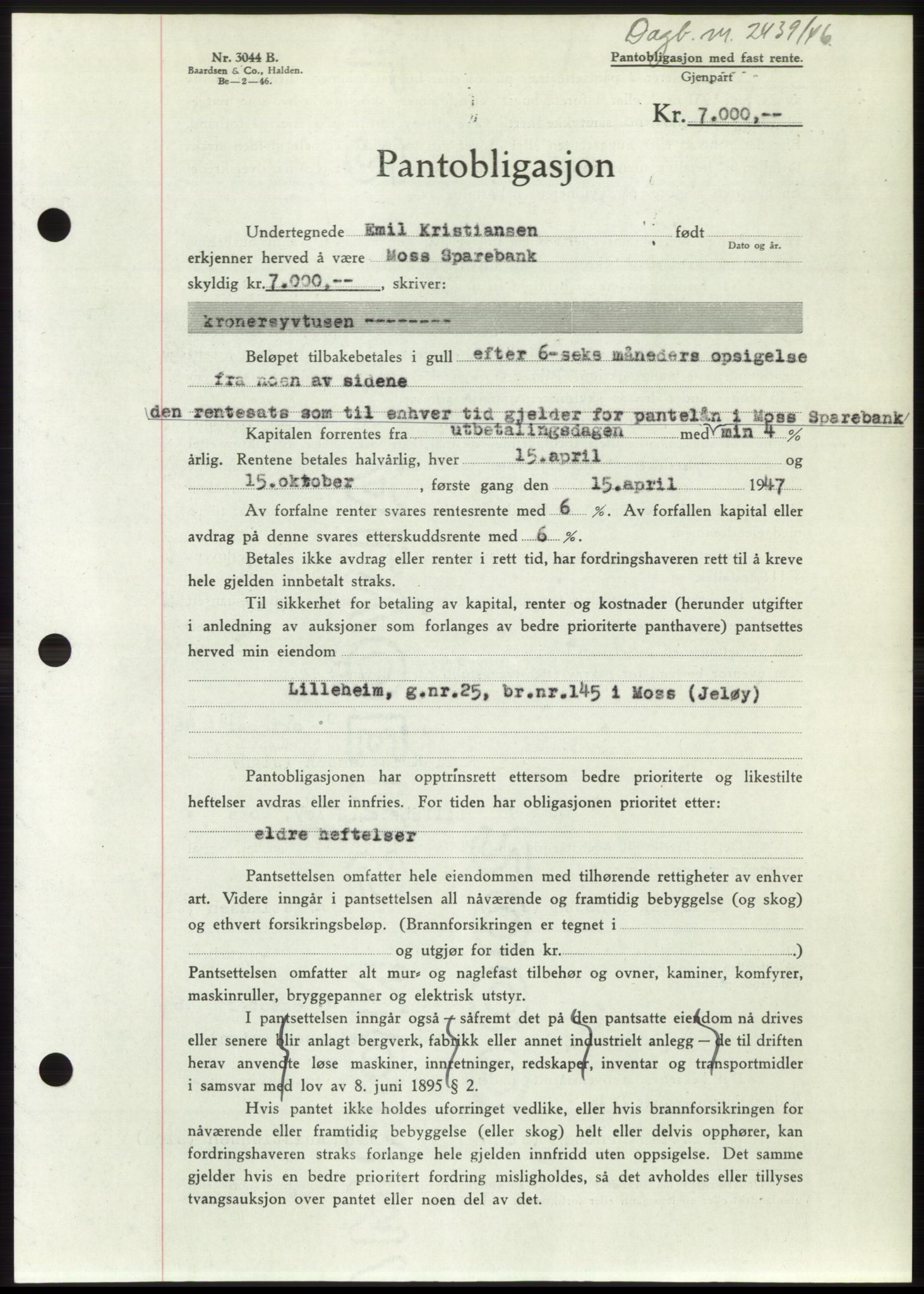 Moss sorenskriveri, SAO/A-10168: Pantebok nr. B16, 1946-1947, Dagboknr: 2439/1946