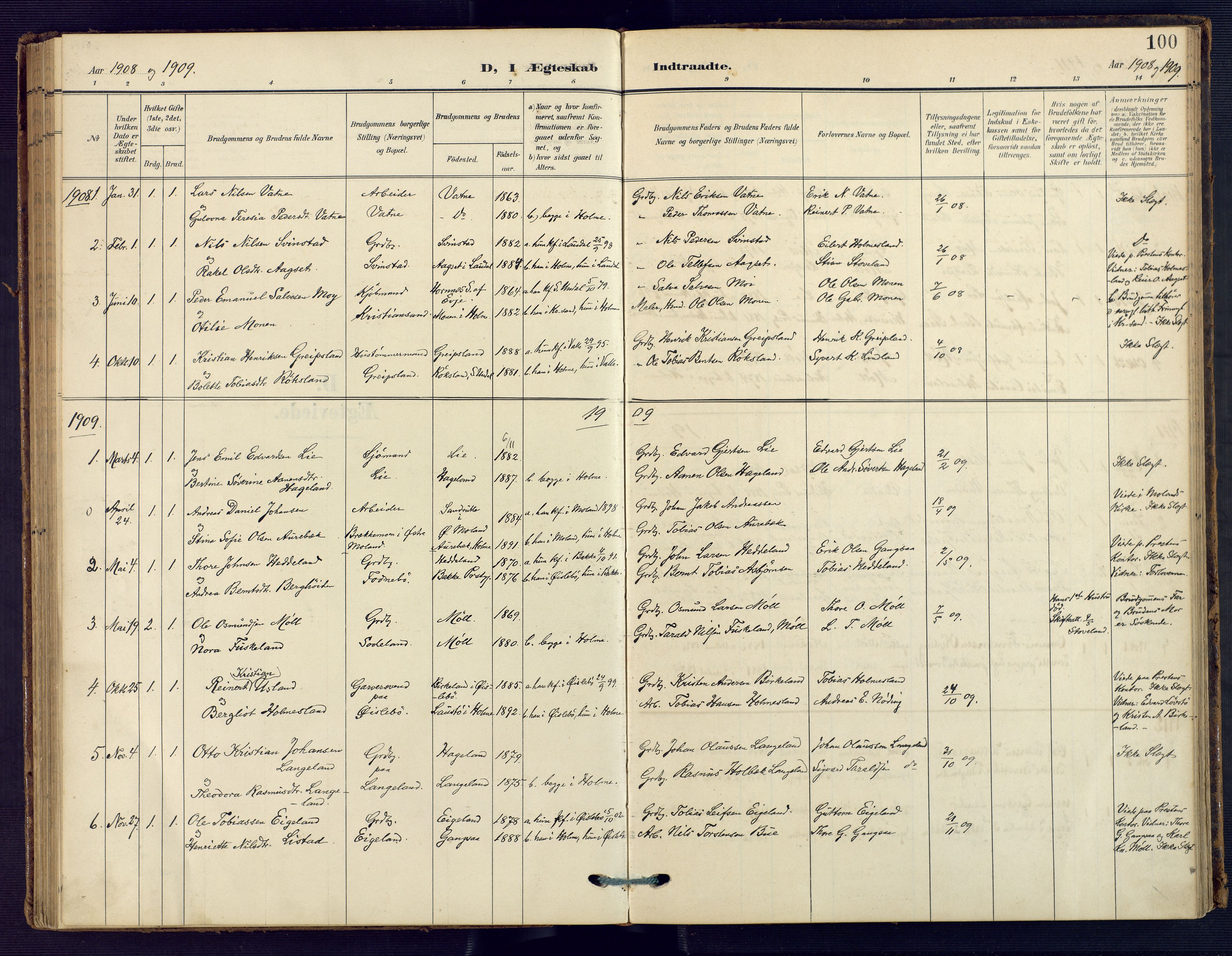 Holum sokneprestkontor, AV/SAK-1111-0022/F/Fa/Faa/L0008: Ministerialbok nr. A 8, 1908-1929, s. 100