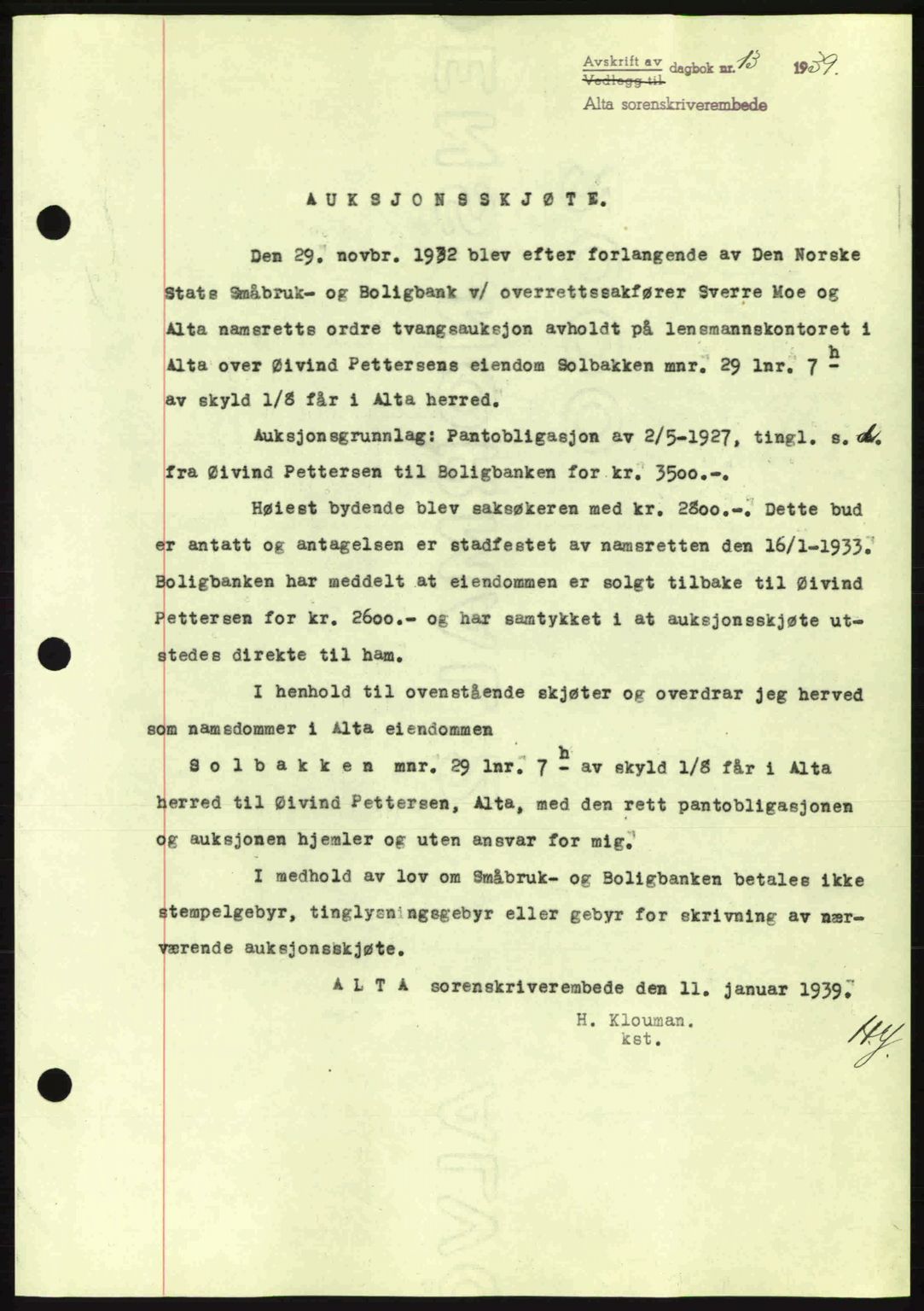 Alta fogderi/sorenskriveri, SATØ/SATØ-5/1/K/Kd/L0031pantebok: Pantebok nr. 31, 1938-1939, Dagboknr: 13/1939