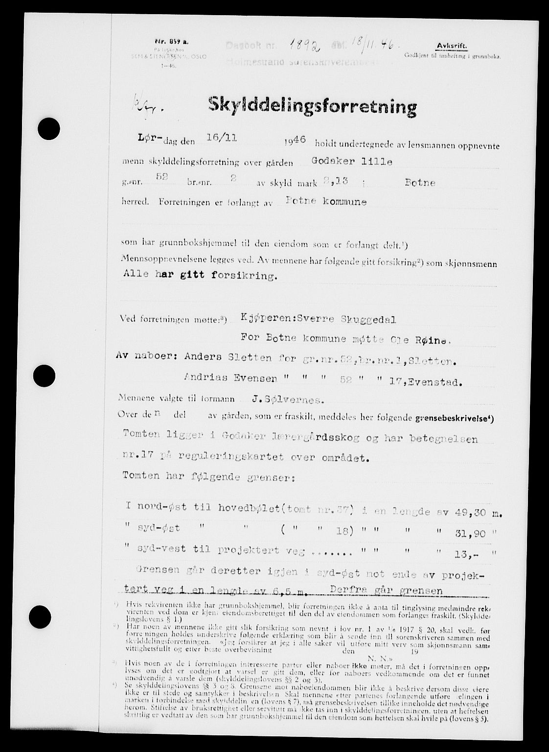 Holmestrand sorenskriveri, SAKO/A-67/G/Ga/Gaa/L0061: Pantebok nr. A-61, 1946-1947, Dagboknr: 1892/1946