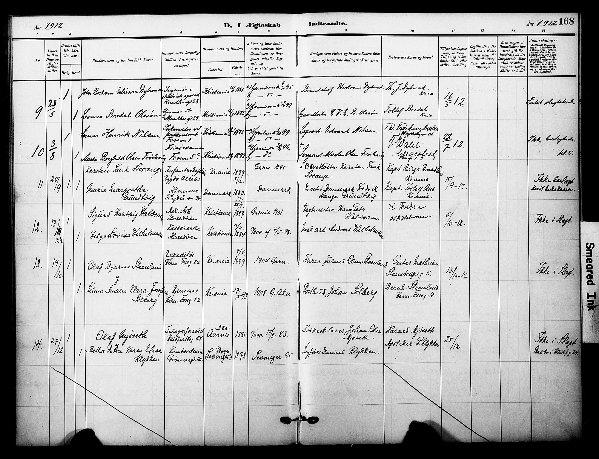 Garnisonsmenigheten Kirkebøker, AV/SAO-A-10846/F/Fa/L0014: Ministerialbok nr. 14, 1905-1914, s. 168