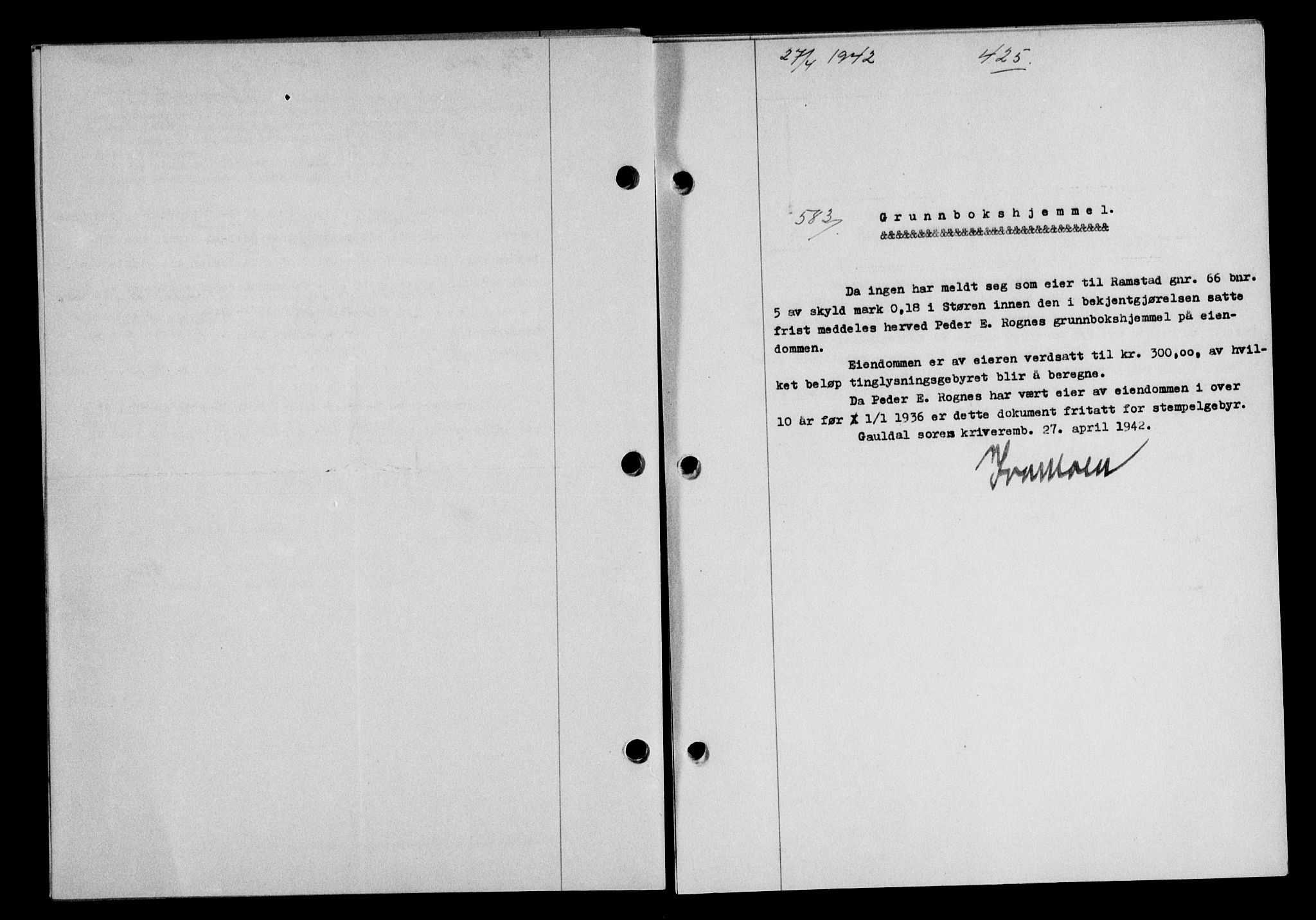 Gauldal sorenskriveri, SAT/A-0014/1/2/2C/L0054: Pantebok nr. 59, 1941-1942, Dagboknr: 583/1942