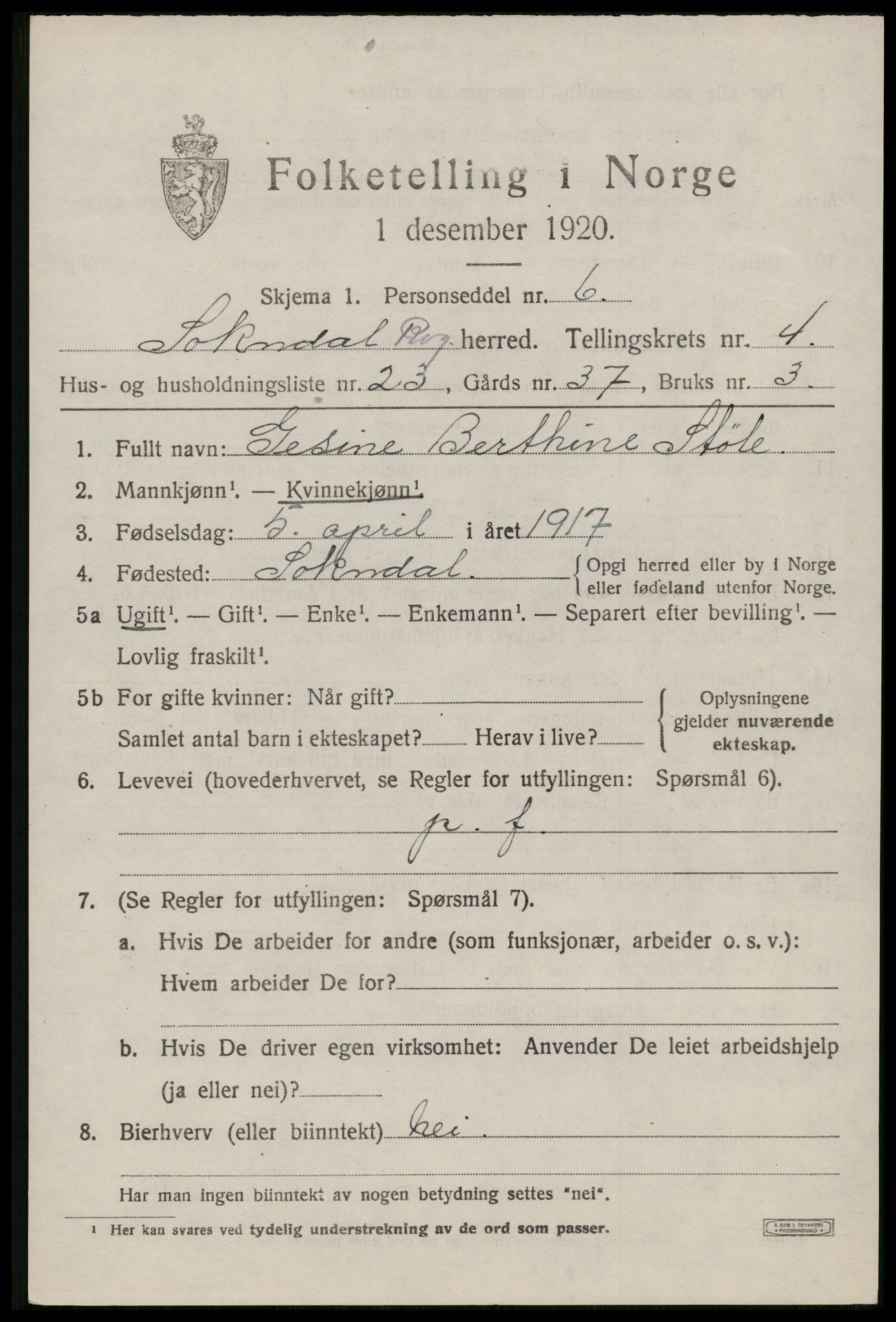 SAST, Folketelling 1920 for 1111 Sokndal herred, 1920, s. 3097