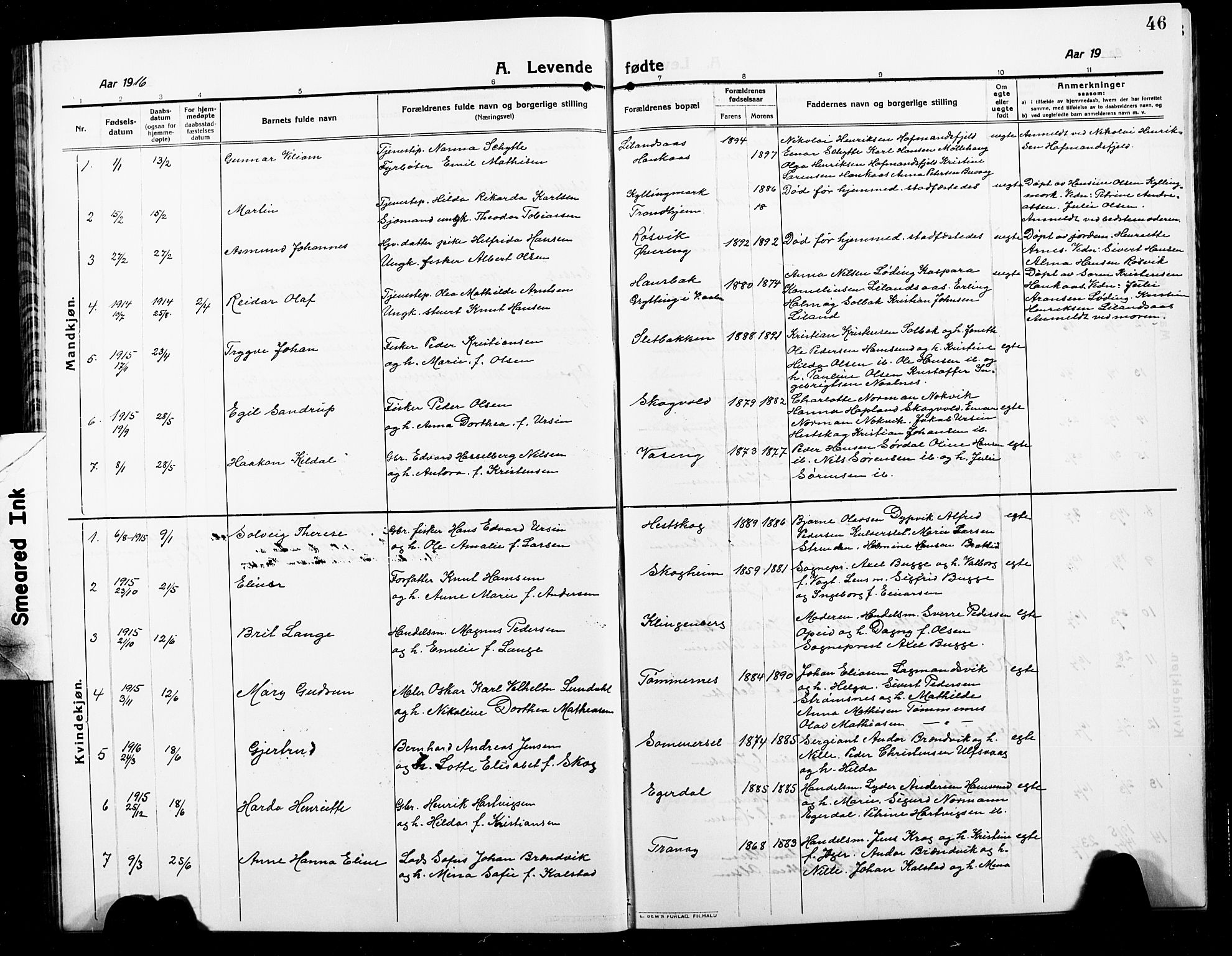 Ministerialprotokoller, klokkerbøker og fødselsregistre - Nordland, AV/SAT-A-1459/859/L0861: Klokkerbok nr. 859C07, 1910-1925, s. 46