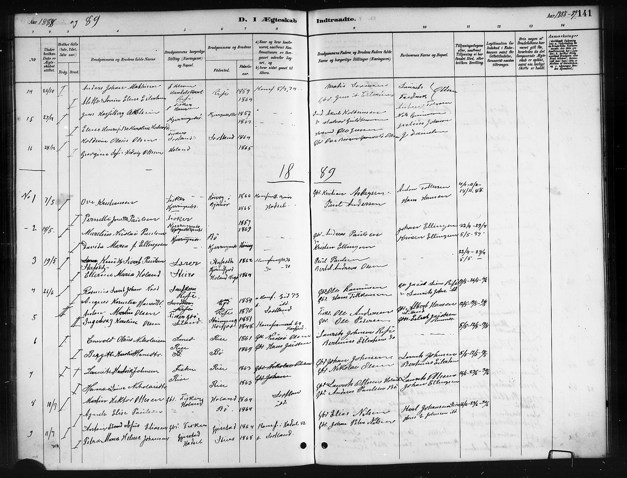 Ministerialprotokoller, klokkerbøker og fødselsregistre - Nordland, AV/SAT-A-1459/895/L1382: Klokkerbok nr. 895C04, 1885-1896, s. 141