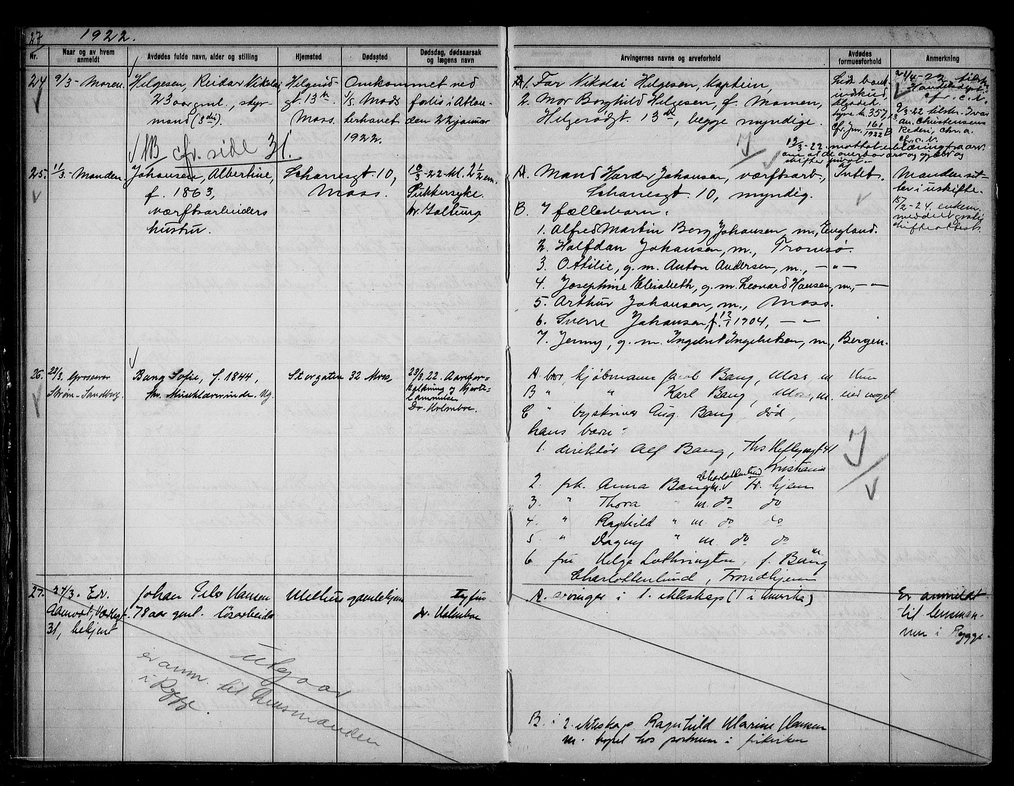 Moss byfogd, AV/SAO-A-10863/H/Ha/Hab/L0006: Dødsanmeldelsesprotokoll, 1921-1931, s. 27
