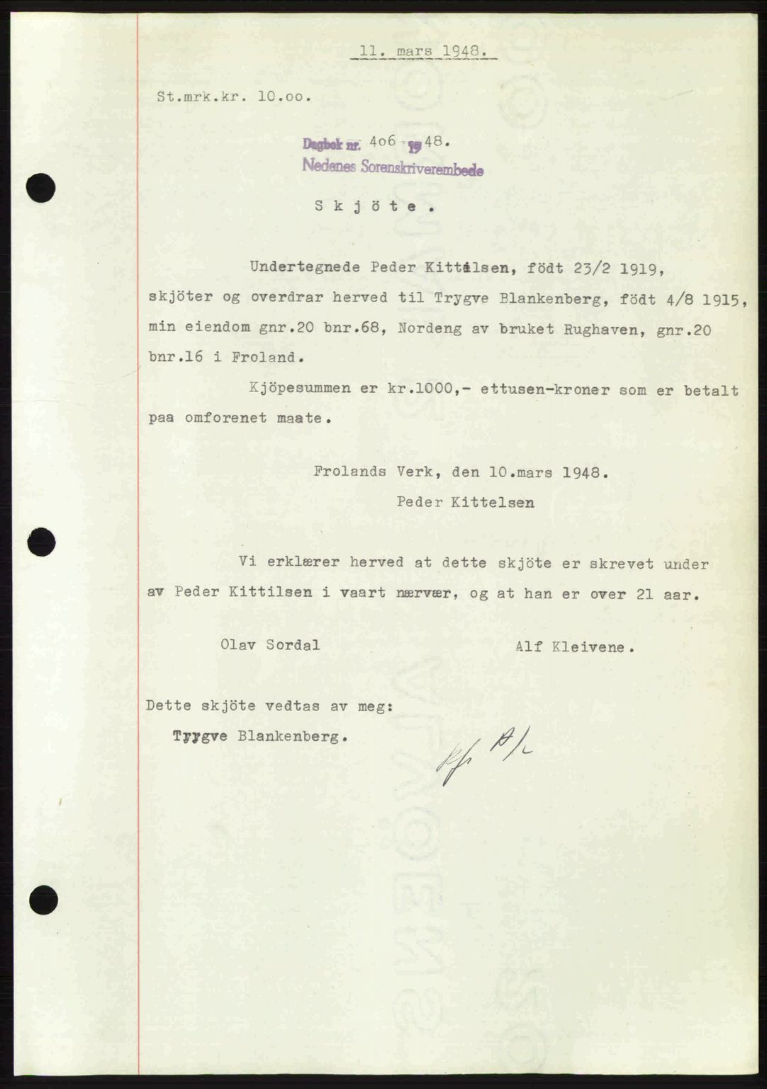 Nedenes sorenskriveri, SAK/1221-0006/G/Gb/Gba/L0059: Pantebok nr. A11, 1948-1948, Dagboknr: 406/1948