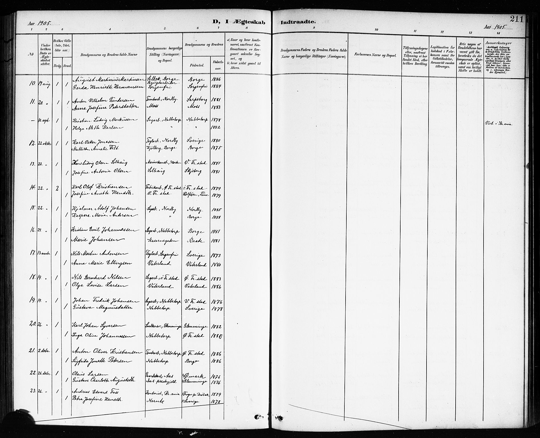 Østre Fredrikstad prestekontor Kirkebøker, AV/SAO-A-10907/G/Ga/L0002: Klokkerbok nr. 2, 1900-1919, s. 211