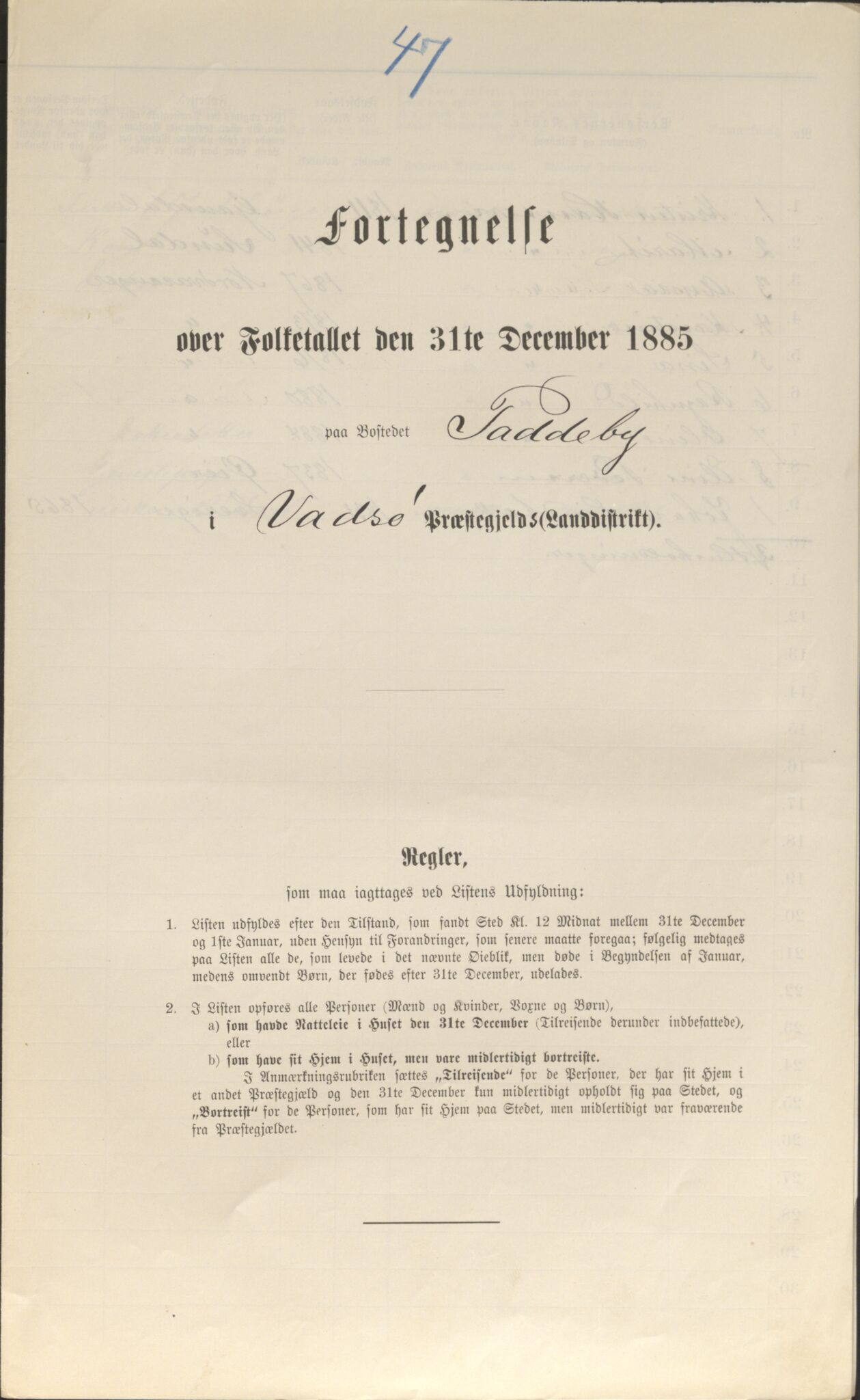 SATØ, Folketelling 1885 for 2029 Vadsø landsogn, 1885, s. 47a