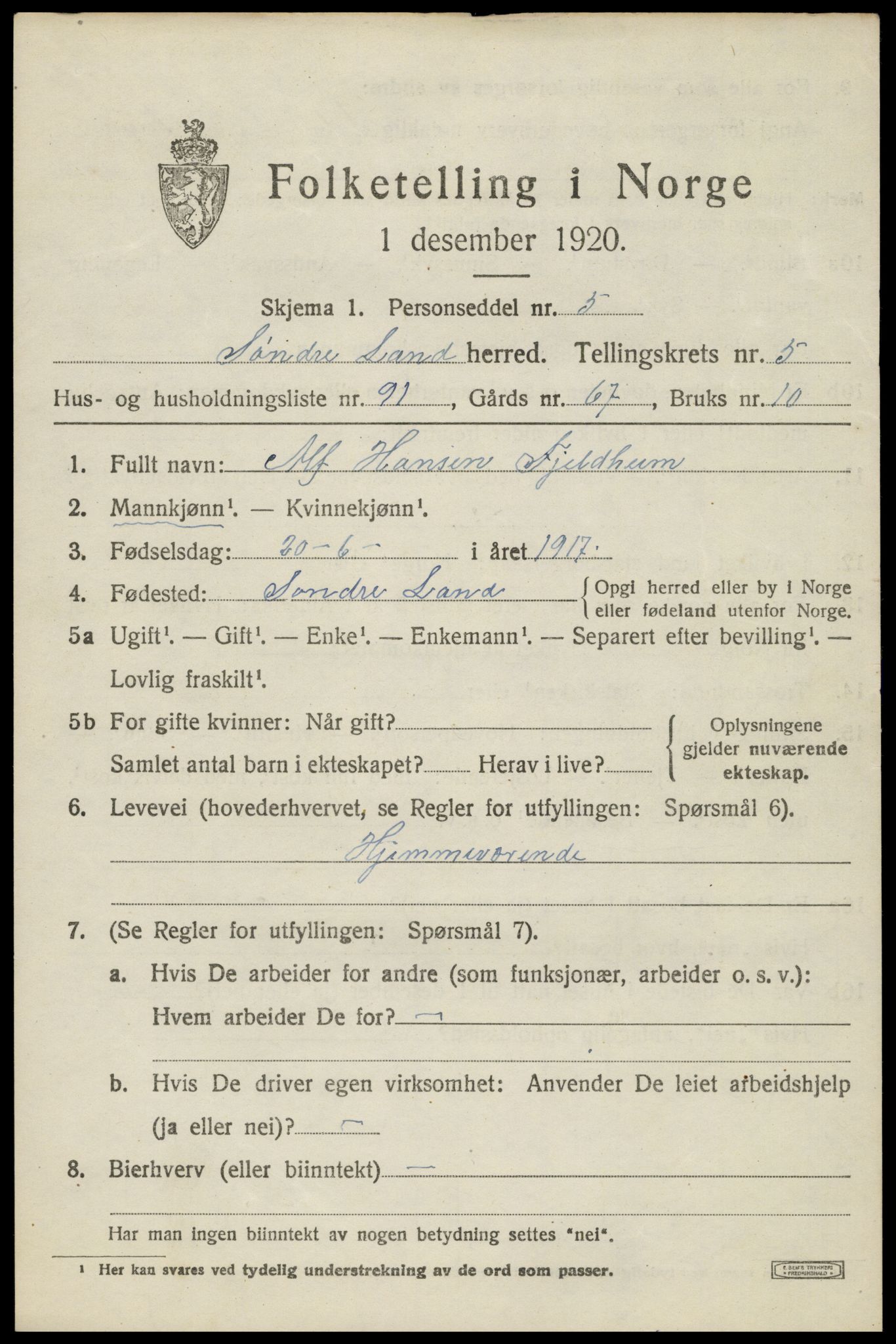 SAH, Folketelling 1920 for 0536 Søndre Land herred, 1920, s. 6225