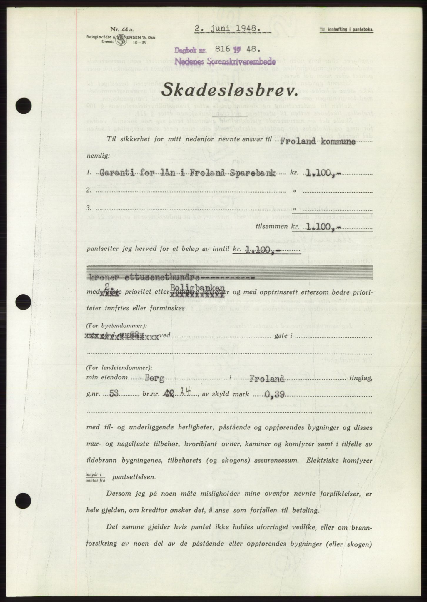 Nedenes sorenskriveri, AV/SAK-1221-0006/G/Gb/Gbb/L0005: Pantebok nr. B5, 1948-1948, Dagboknr: 816/1948