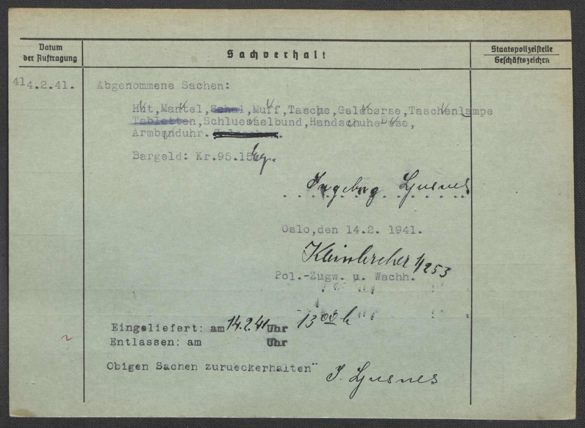 Befehlshaber der Sicherheitspolizei und des SD, RA/RAFA-5969/E/Ea/Eaa/L0006: Register over norske fanger i Møllergata 19: Kj-Lund, 1940-1945, s. 1202