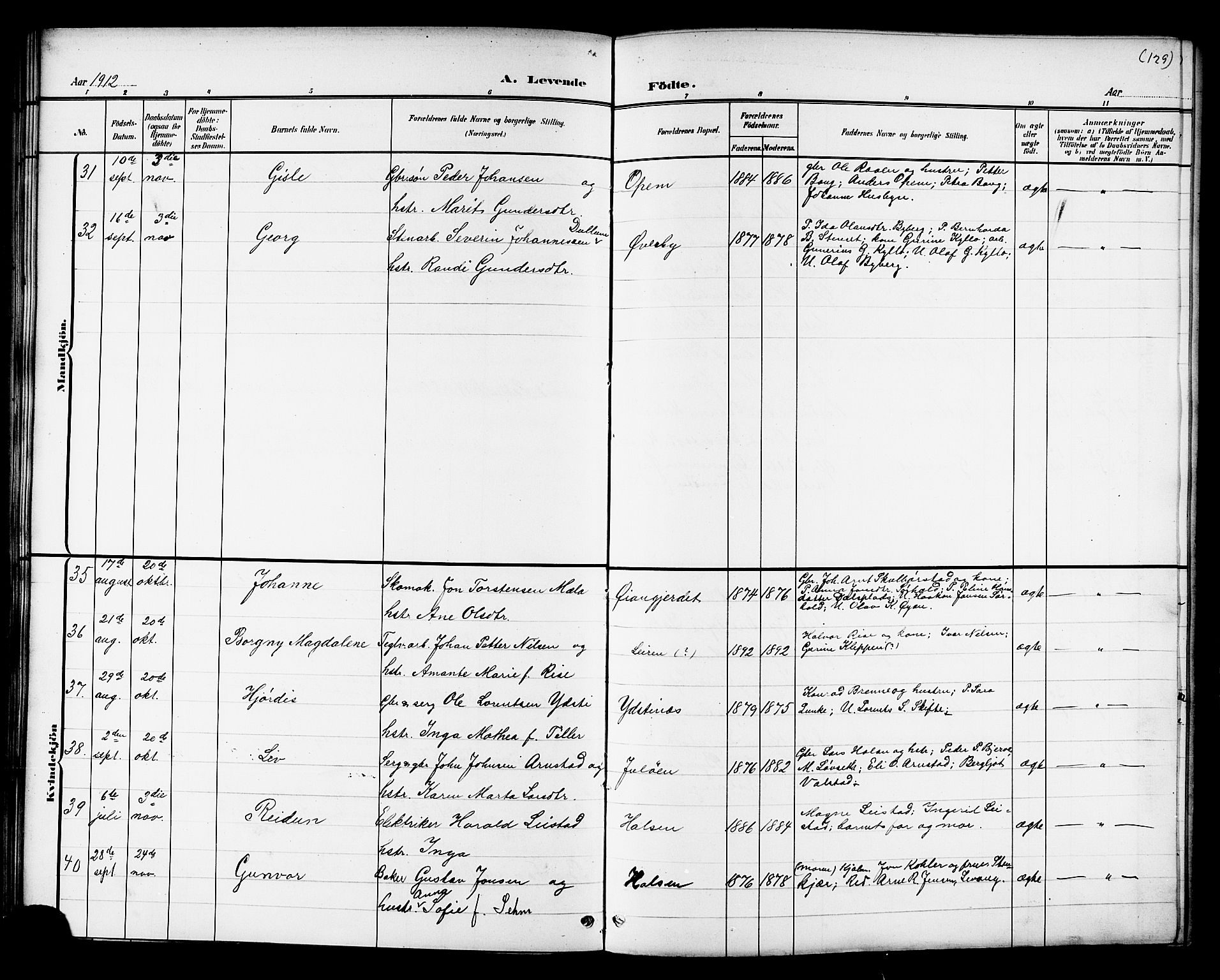 Ministerialprotokoller, klokkerbøker og fødselsregistre - Nord-Trøndelag, AV/SAT-A-1458/709/L0087: Klokkerbok nr. 709C01, 1892-1913, s. 129