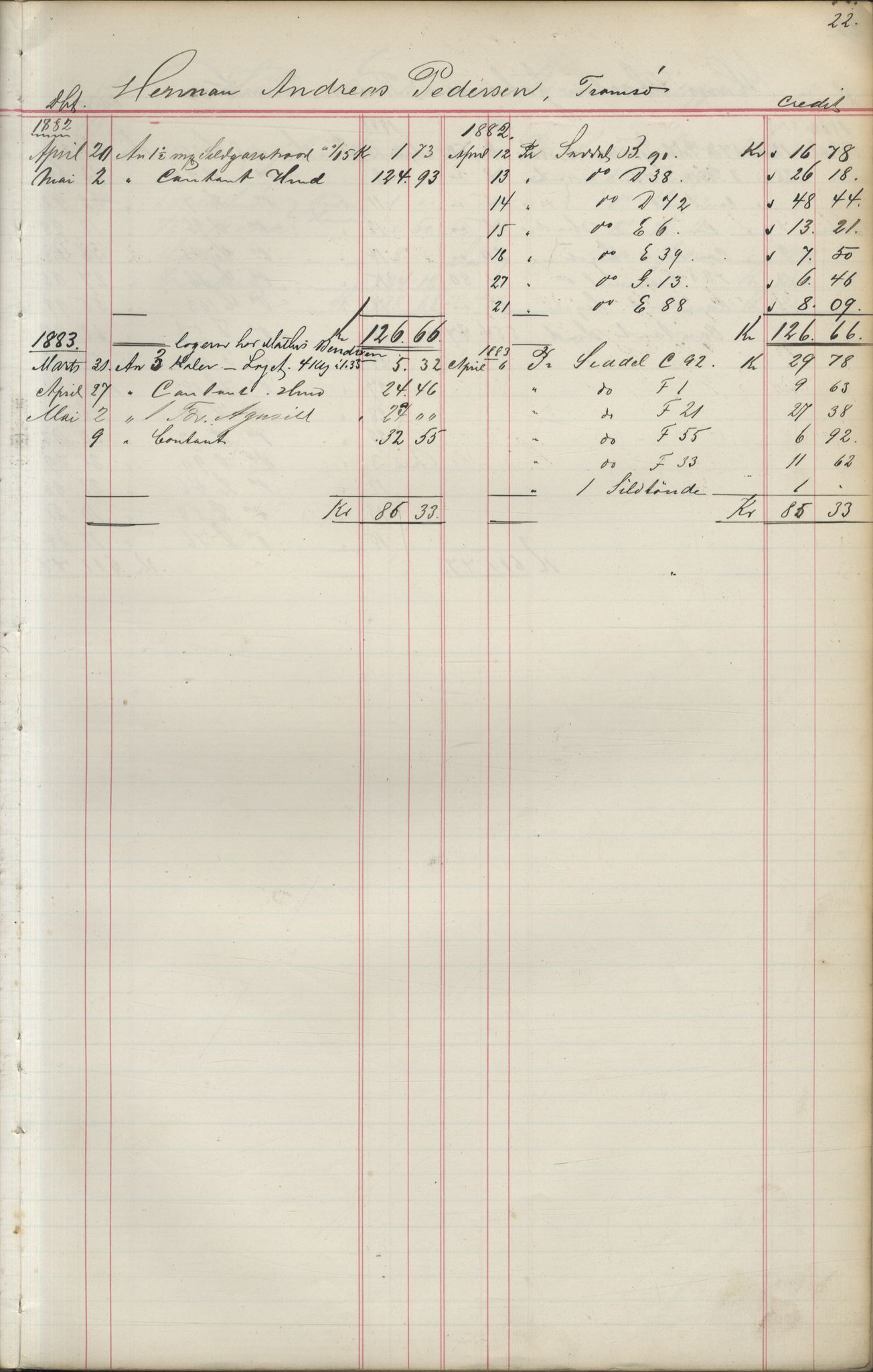 Brodtkorb handel A/S, VAMU/A-0001/F/Fa/L0004/0001: Kompanibøker. Utensogns / Compagnibog for Udensogns Fiskere No 15. Fra A - H, 1882-1895, s. 22