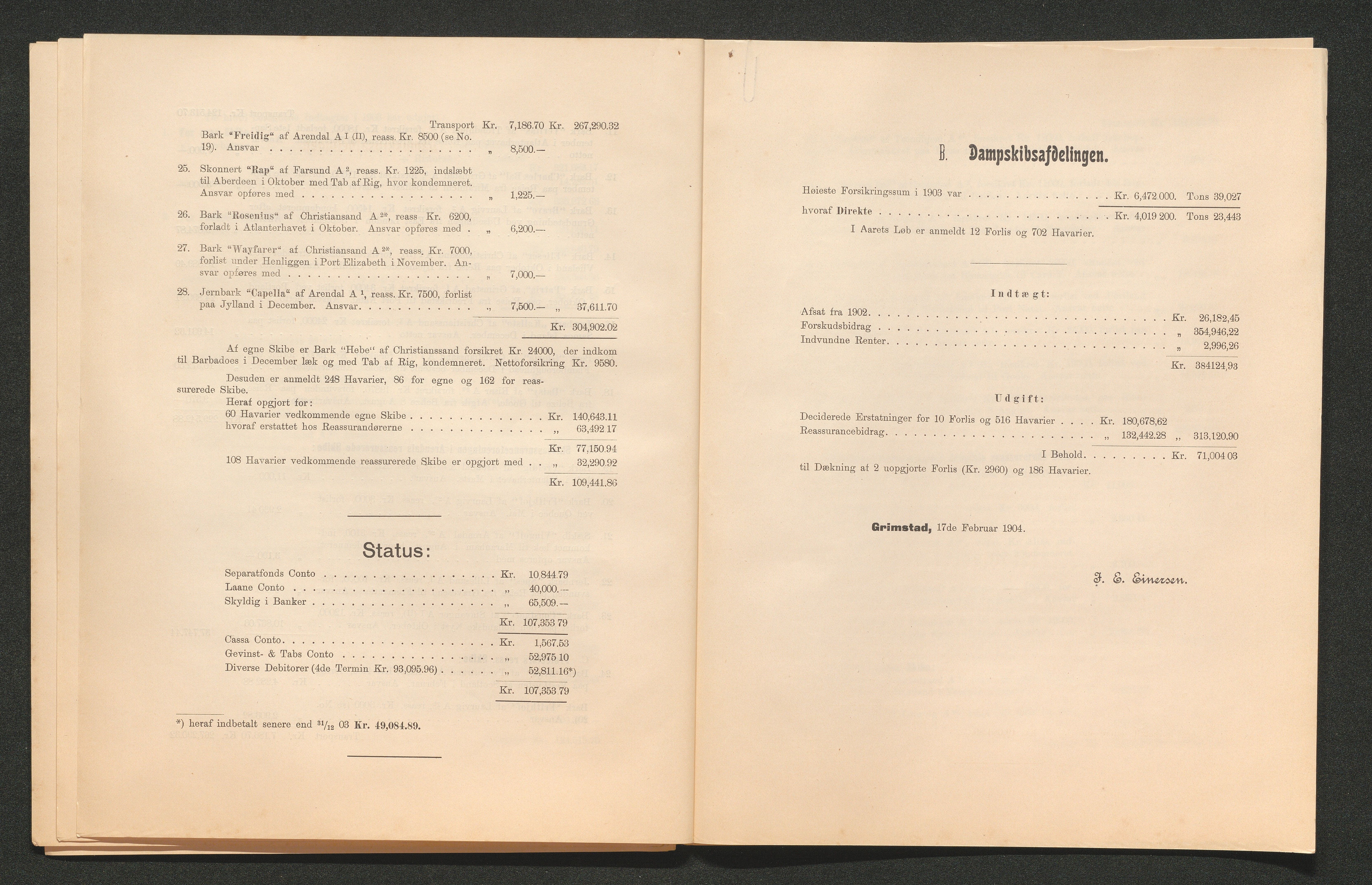 Agders Gjensidige Assuranceforening, AAKS/PA-1718/05/L0003: Regnskap, seilavdeling, pakkesak, 1890-1912