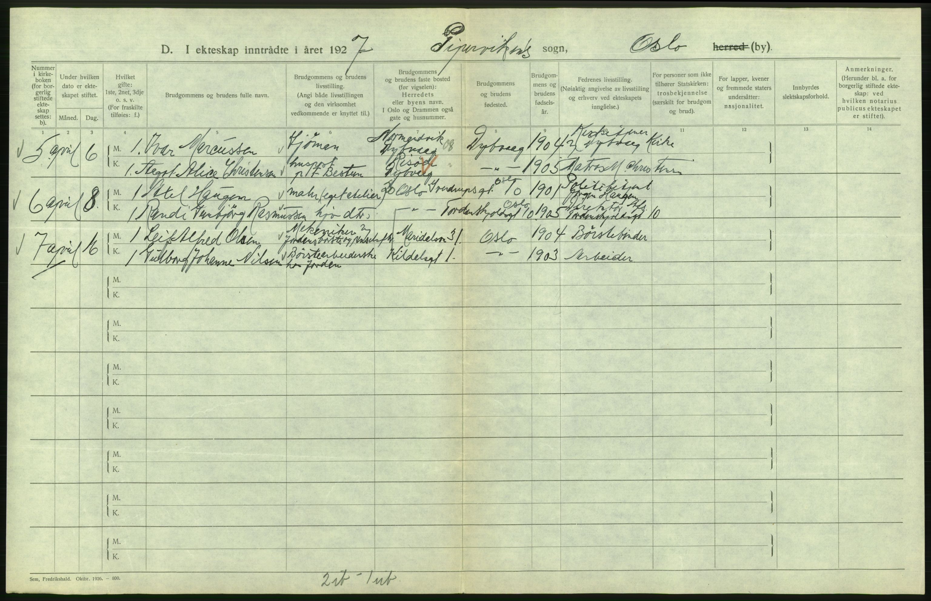 Statistisk sentralbyrå, Sosiodemografiske emner, Befolkning, AV/RA-S-2228/D/Df/Dfc/Dfcg/L0008: Oslo: Gifte, 1927, s. 724