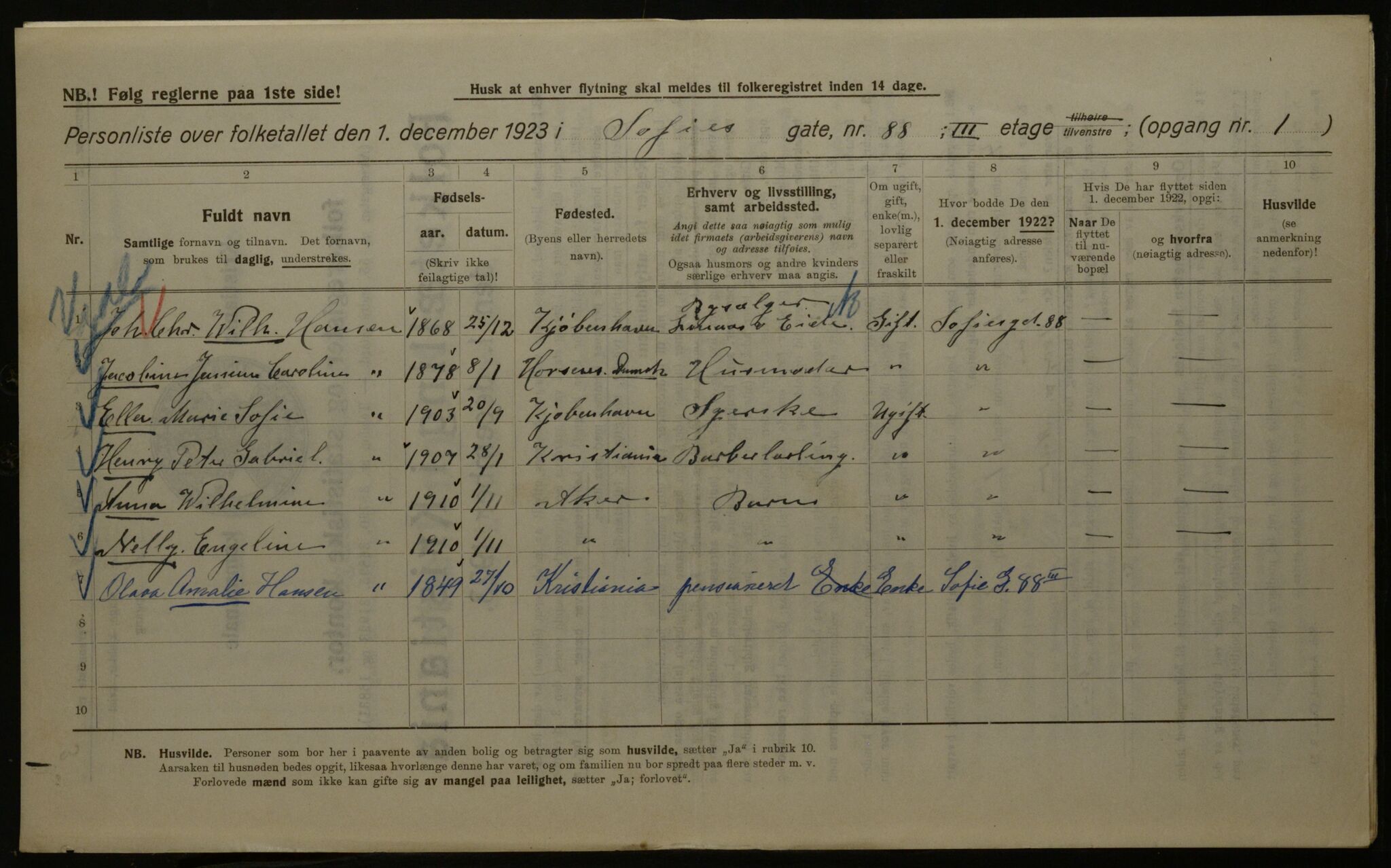 OBA, Kommunal folketelling 1.12.1923 for Kristiania, 1923, s. 109459