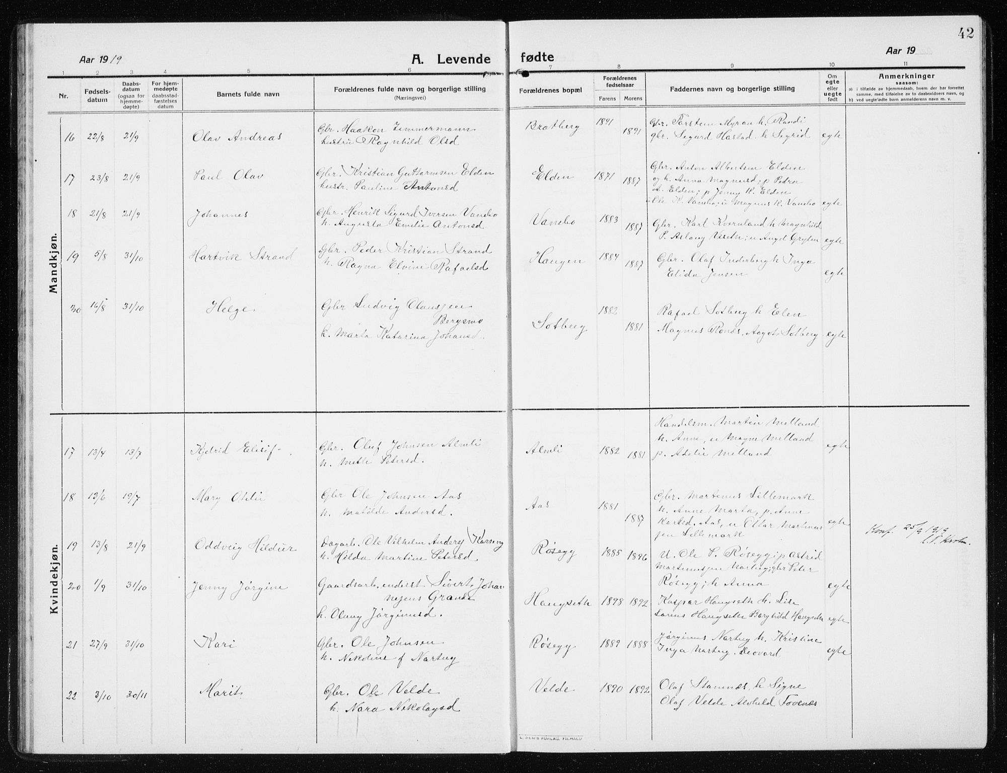 Ministerialprotokoller, klokkerbøker og fødselsregistre - Nord-Trøndelag, SAT/A-1458/741/L0402: Klokkerbok nr. 741C03, 1911-1926, s. 42