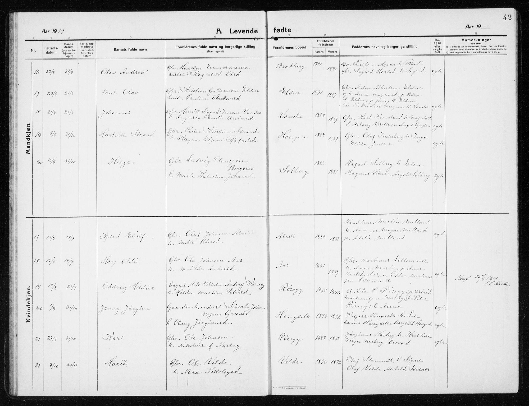 Ministerialprotokoller, klokkerbøker og fødselsregistre - Nord-Trøndelag, AV/SAT-A-1458/741/L0402: Klokkerbok nr. 741C03, 1911-1926, s. 42