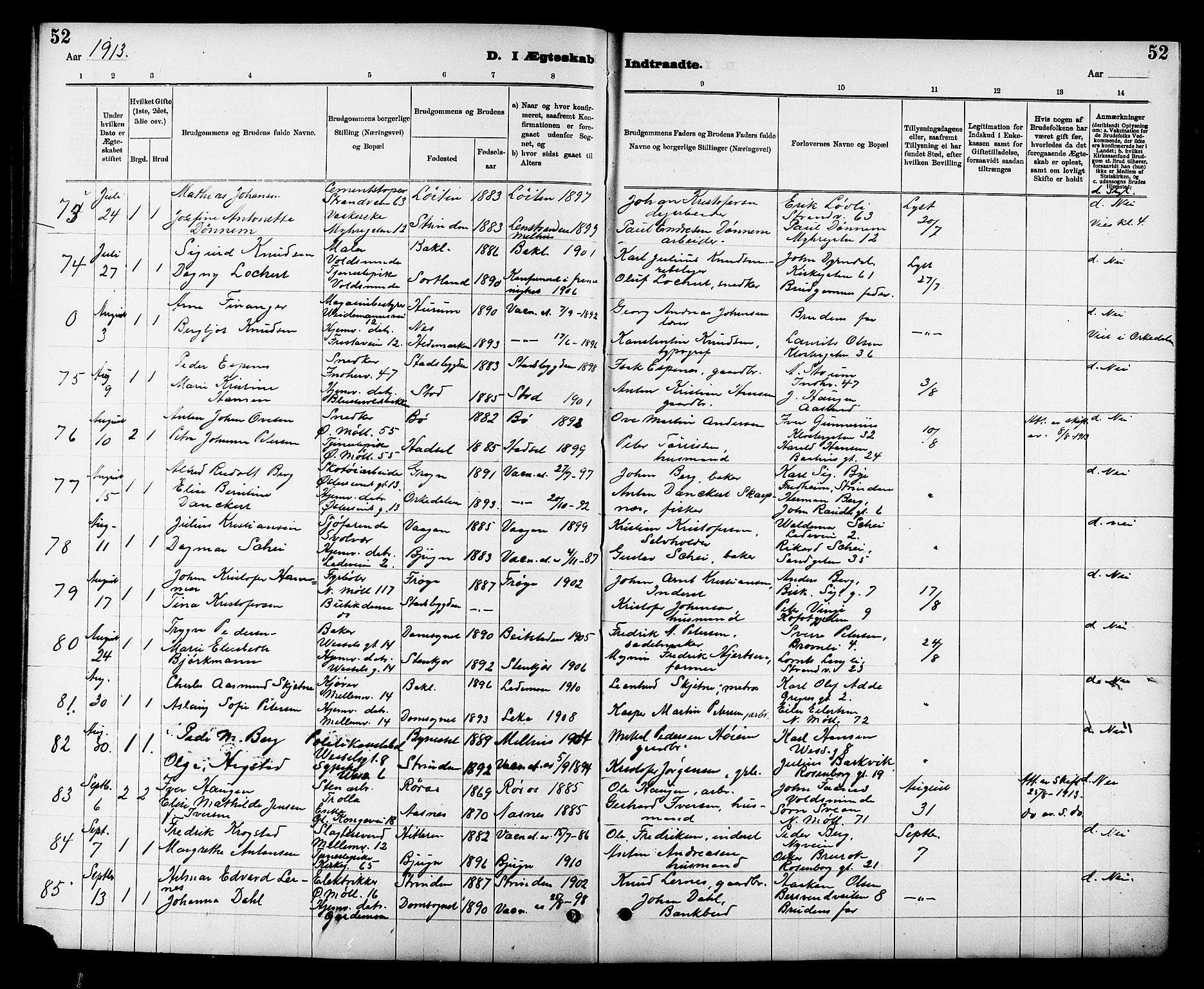 Ministerialprotokoller, klokkerbøker og fødselsregistre - Sør-Trøndelag, AV/SAT-A-1456/605/L0255: Klokkerbok nr. 605C02, 1908-1918, s. 52