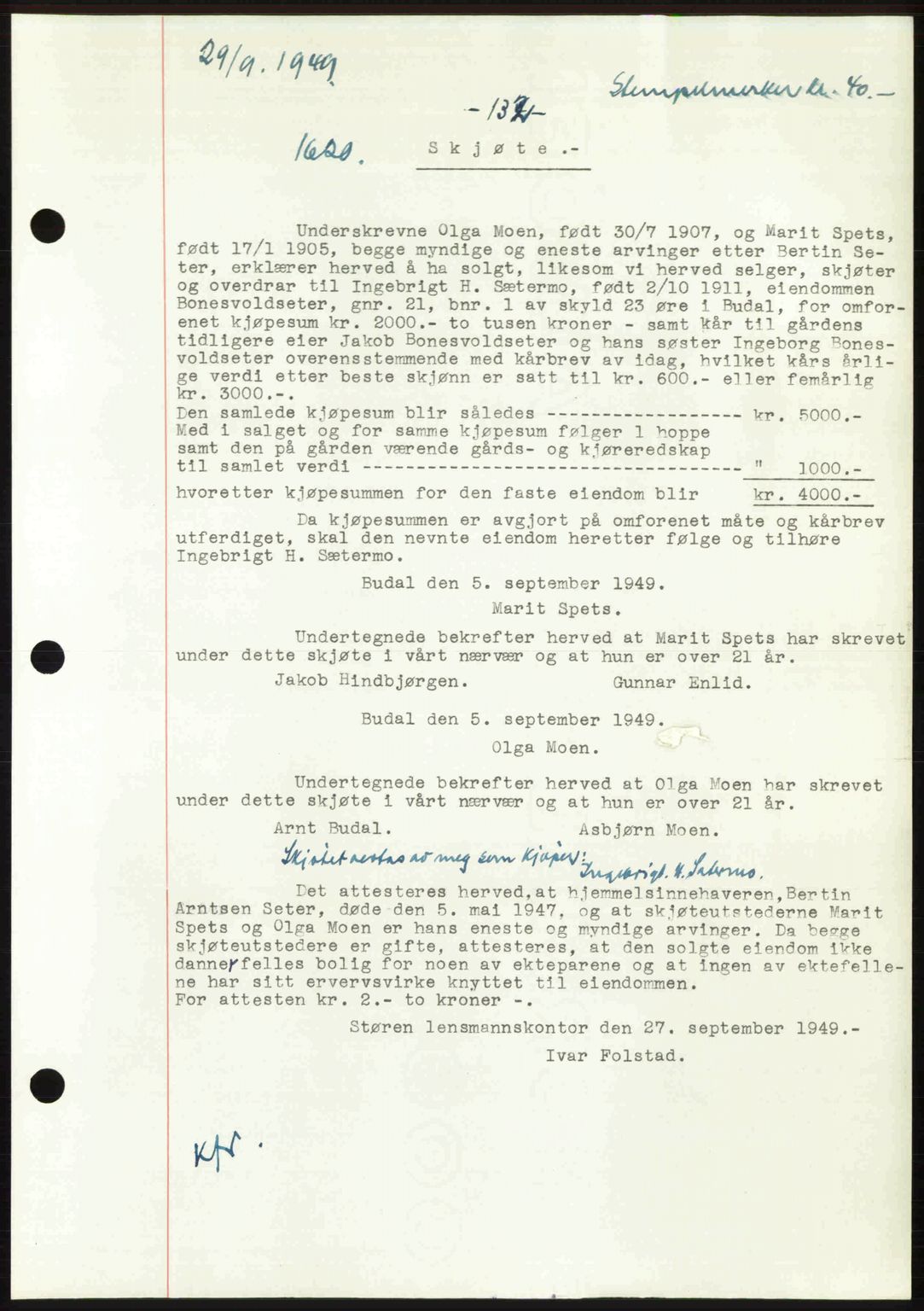 Gauldal sorenskriveri, SAT/A-0014/1/2/2C: Pantebok nr. A8, 1949-1949, Dagboknr: 1620/1949