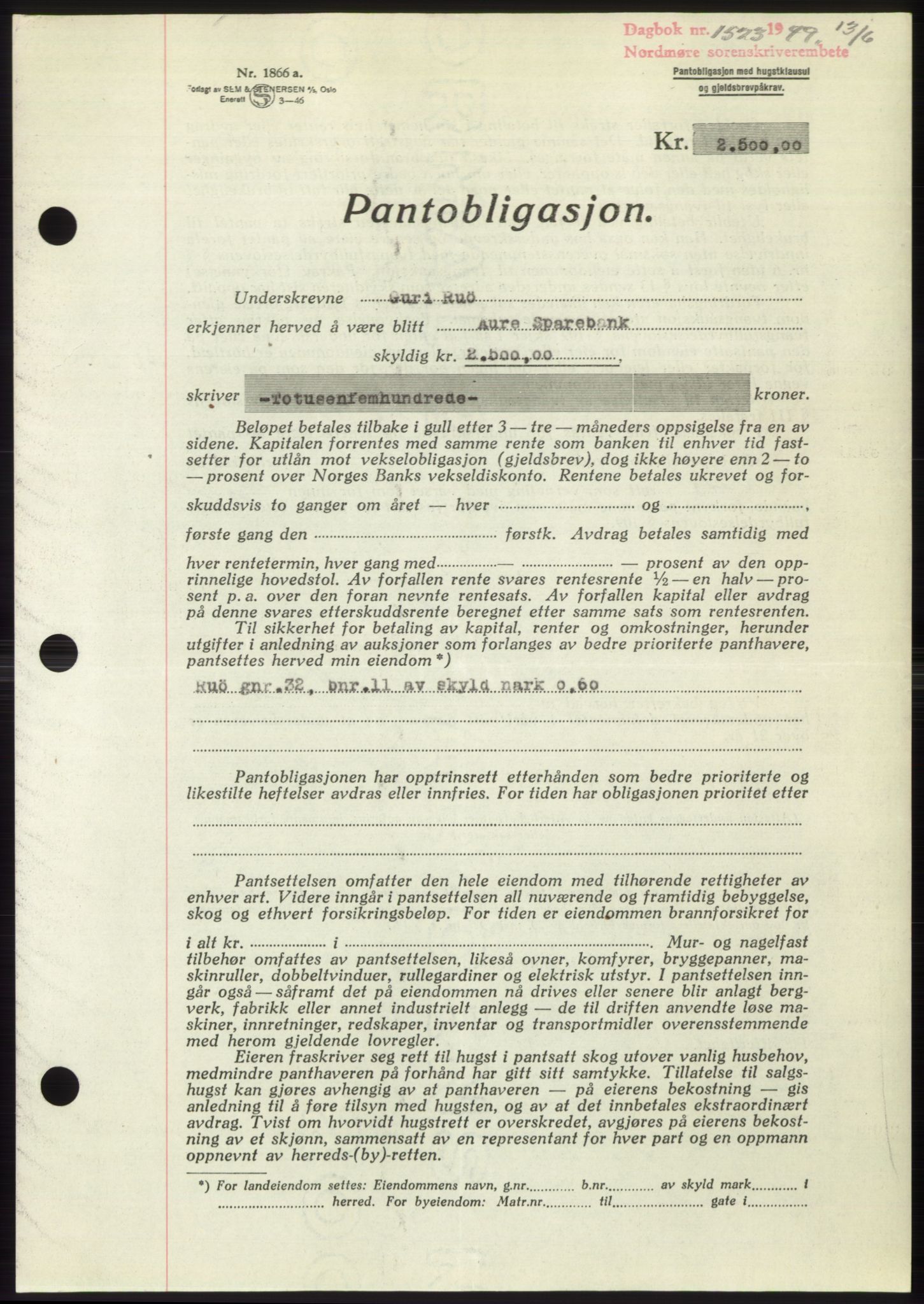 Nordmøre sorenskriveri, SAT/A-4132/1/2/2Ca: Pantebok nr. B101, 1949-1949, Dagboknr: 1523/1949