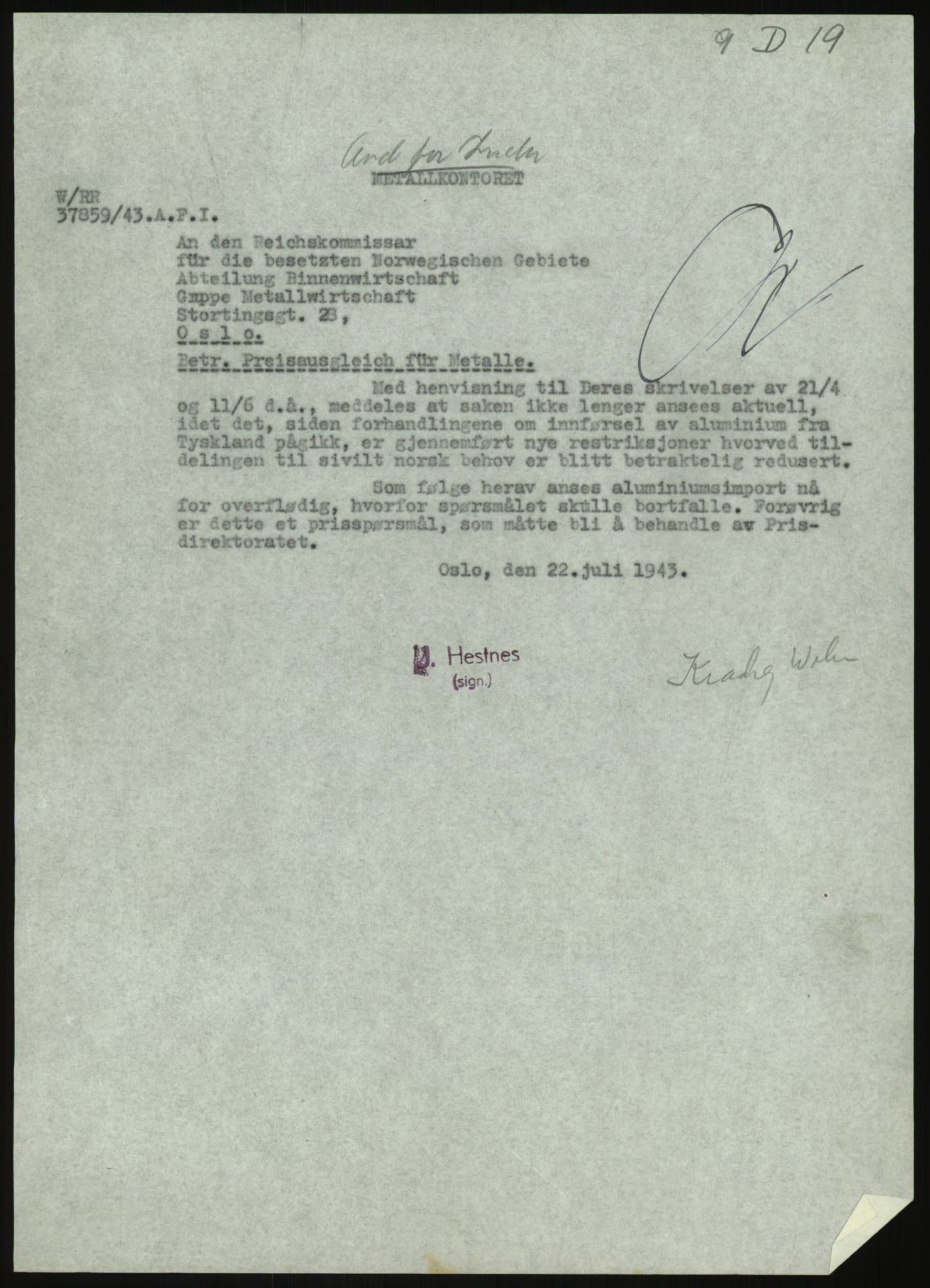 Direktoratet for industriforsyning, Sekretariatet, AV/RA-S-4153/D/Df/L0054: 9. Metallkontoret, 1940-1945, s. 2579