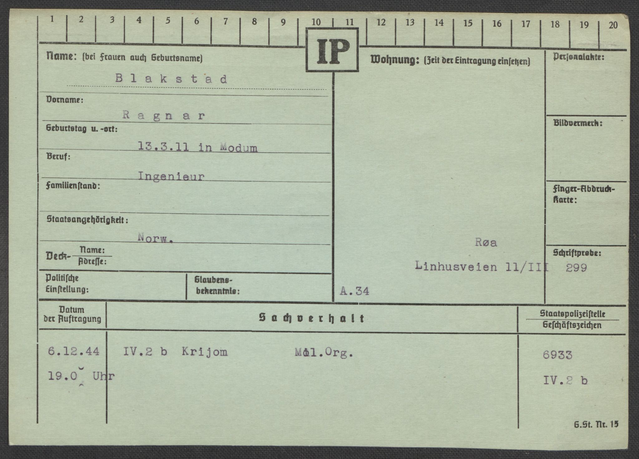 Befehlshaber der Sicherheitspolizei und des SD, RA/RAFA-5969/E/Ea/Eaa/L0002: Register over norske fanger i Møllergata 19: Bj-Eng, 1940-1945, s. 4
