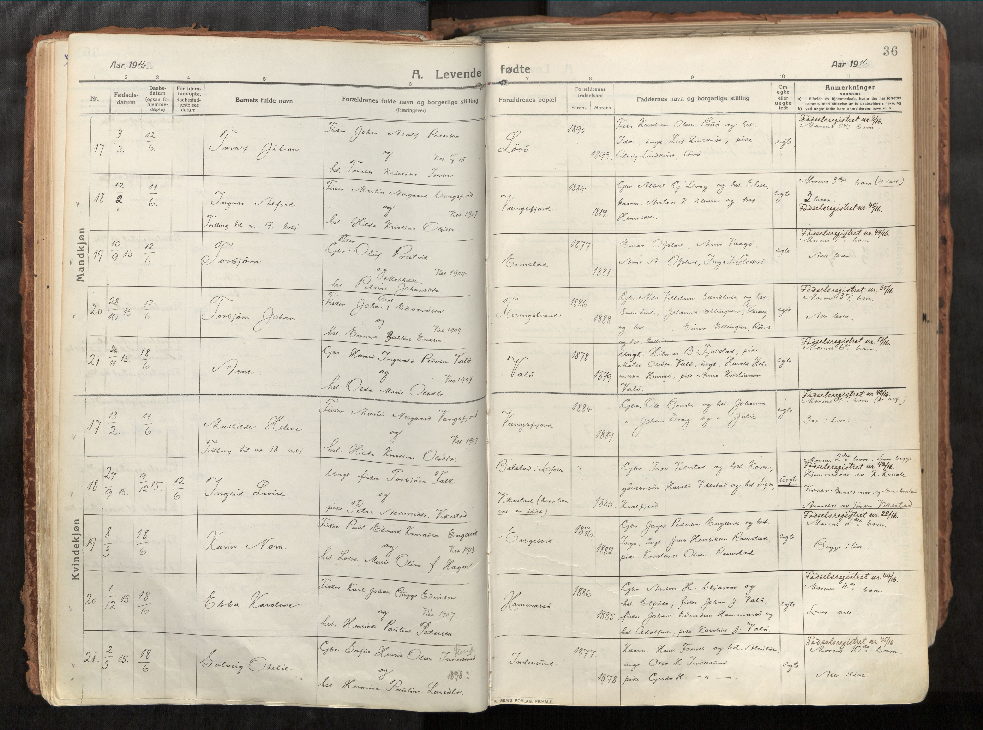 Vikna sokneprestkontor, AV/SAT-A-1173/1/I/I1/I1a/L0001: Ministerialbok nr. 1, 1913-1934, s. 36