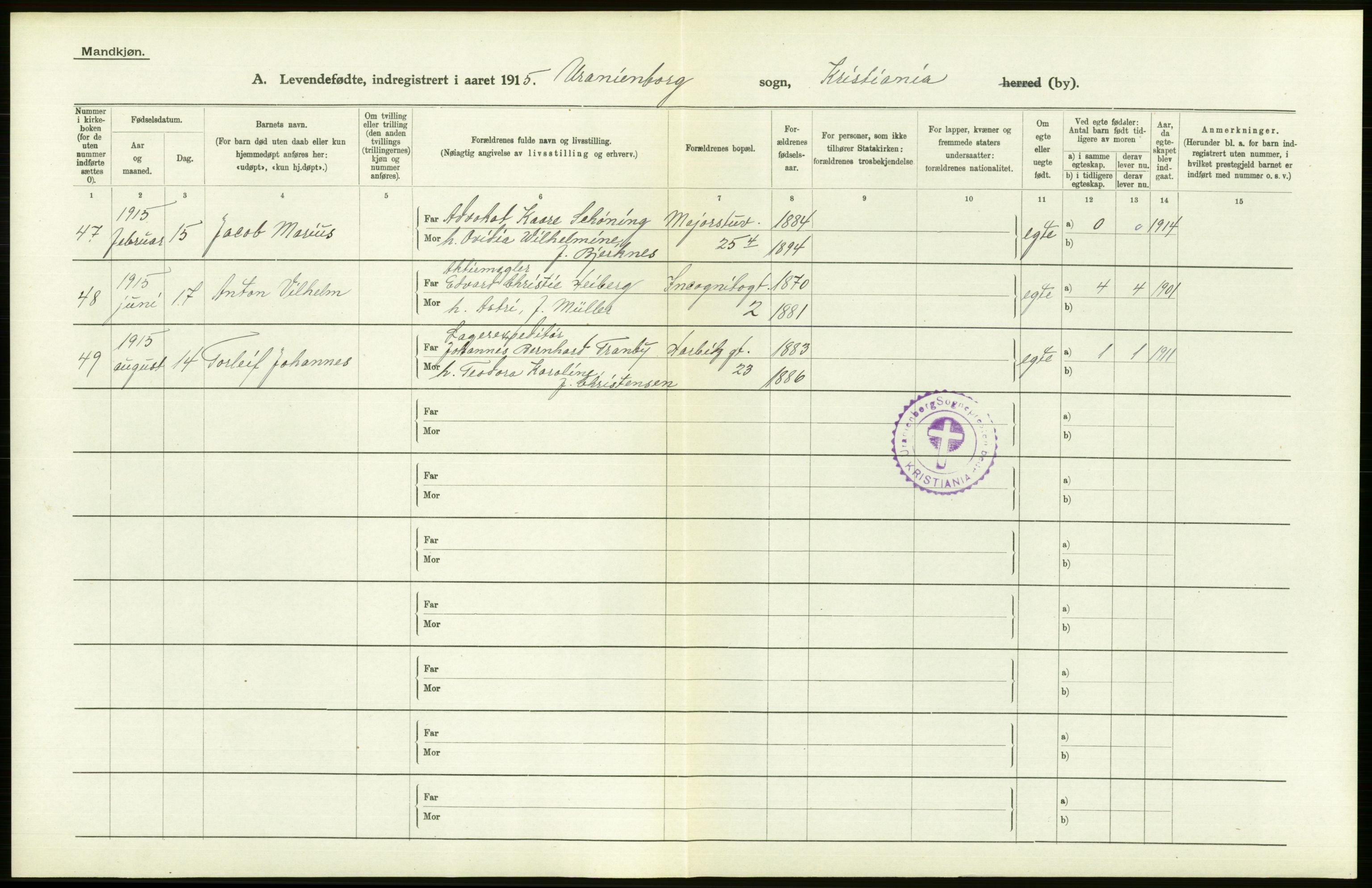 Statistisk sentralbyrå, Sosiodemografiske emner, Befolkning, AV/RA-S-2228/D/Df/Dfb/Dfbe/L0007: Kristiania: Levendefødte menn og kvinner., 1915, s. 508