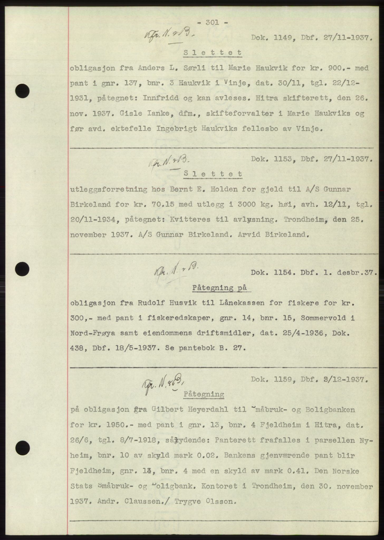 Hitra sorenskriveri, AV/SAT-A-0018/2/2C/2Ca: Pantebok nr. C1, 1936-1945, Dagboknr: 1149/1937
