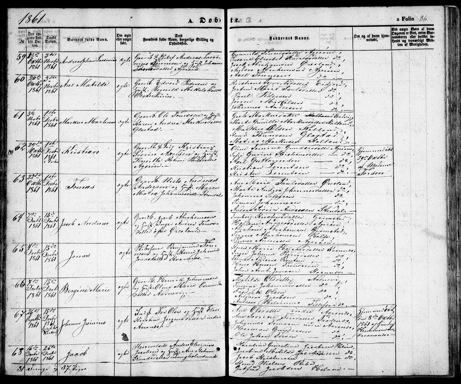 Høvåg sokneprestkontor, AV/SAK-1111-0025/F/Fb/L0002: Klokkerbok nr. B 2, 1847-1869, s. 86