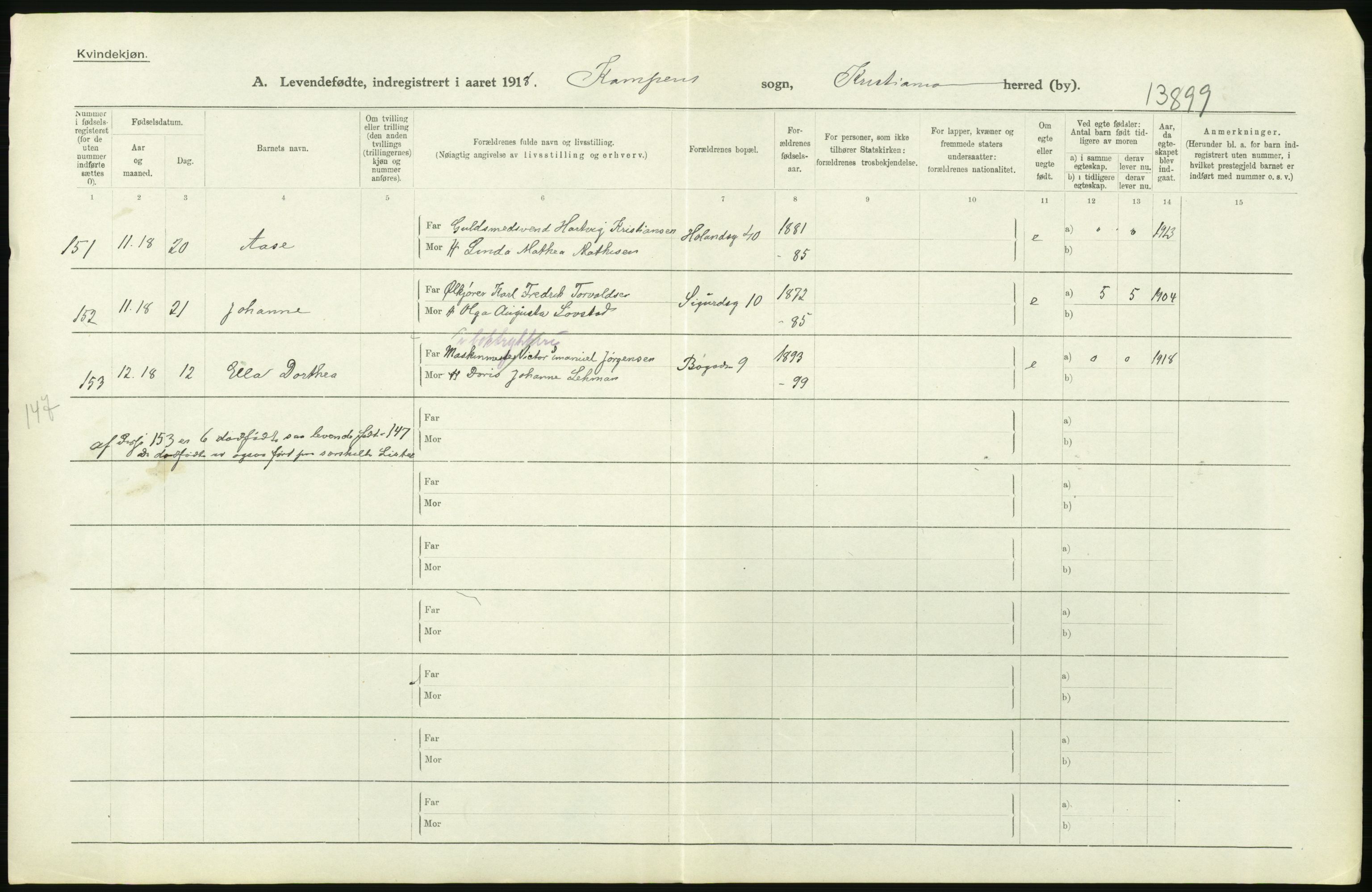 Statistisk sentralbyrå, Sosiodemografiske emner, Befolkning, RA/S-2228/D/Df/Dfb/Dfbh/L0007: Kristiania: Levendefødte menn og kvinner., 1918, s. 262