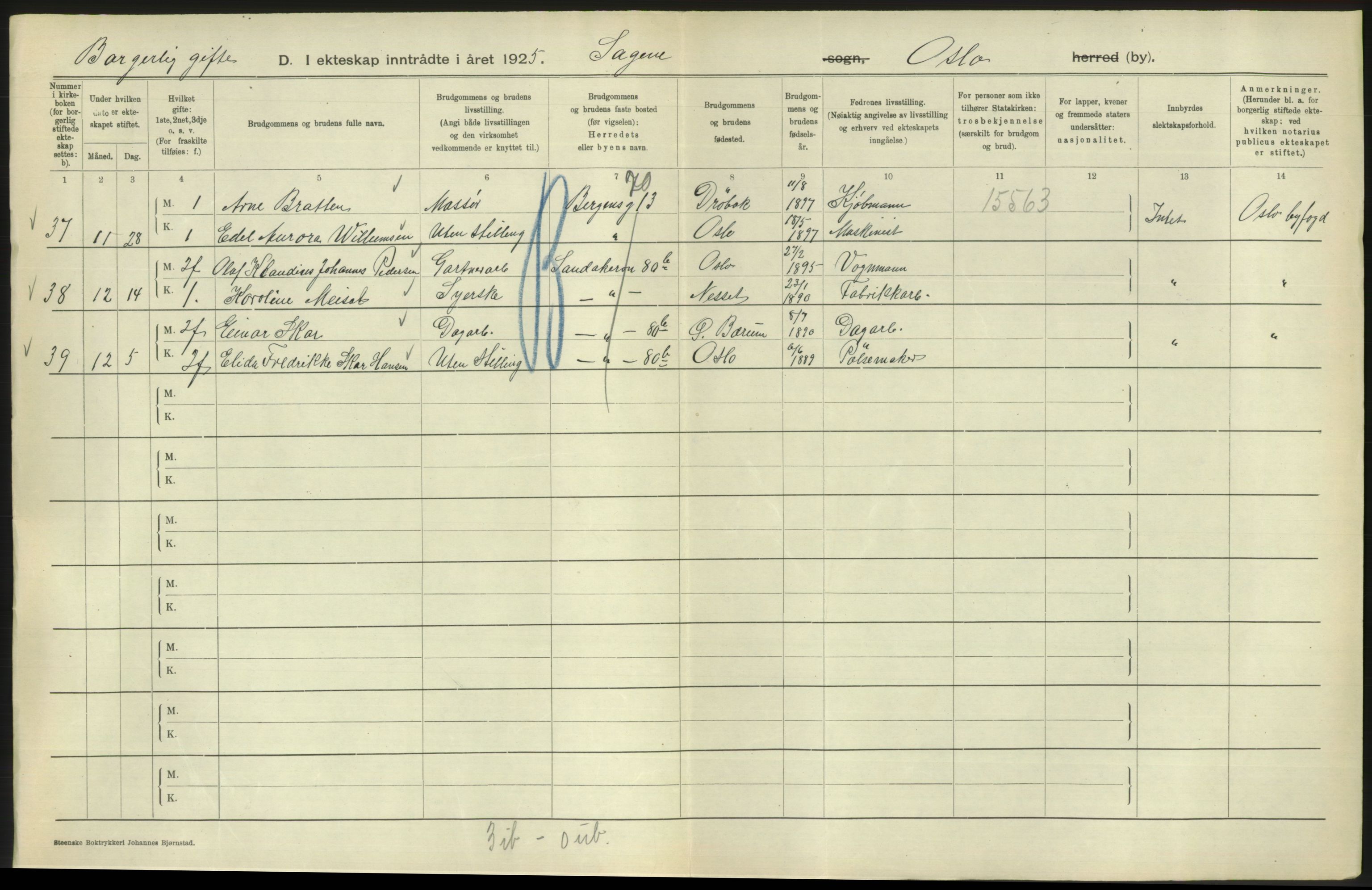 Statistisk sentralbyrå, Sosiodemografiske emner, Befolkning, RA/S-2228/D/Df/Dfc/Dfce/L0008: Oslo: Gifte, 1925, s. 608