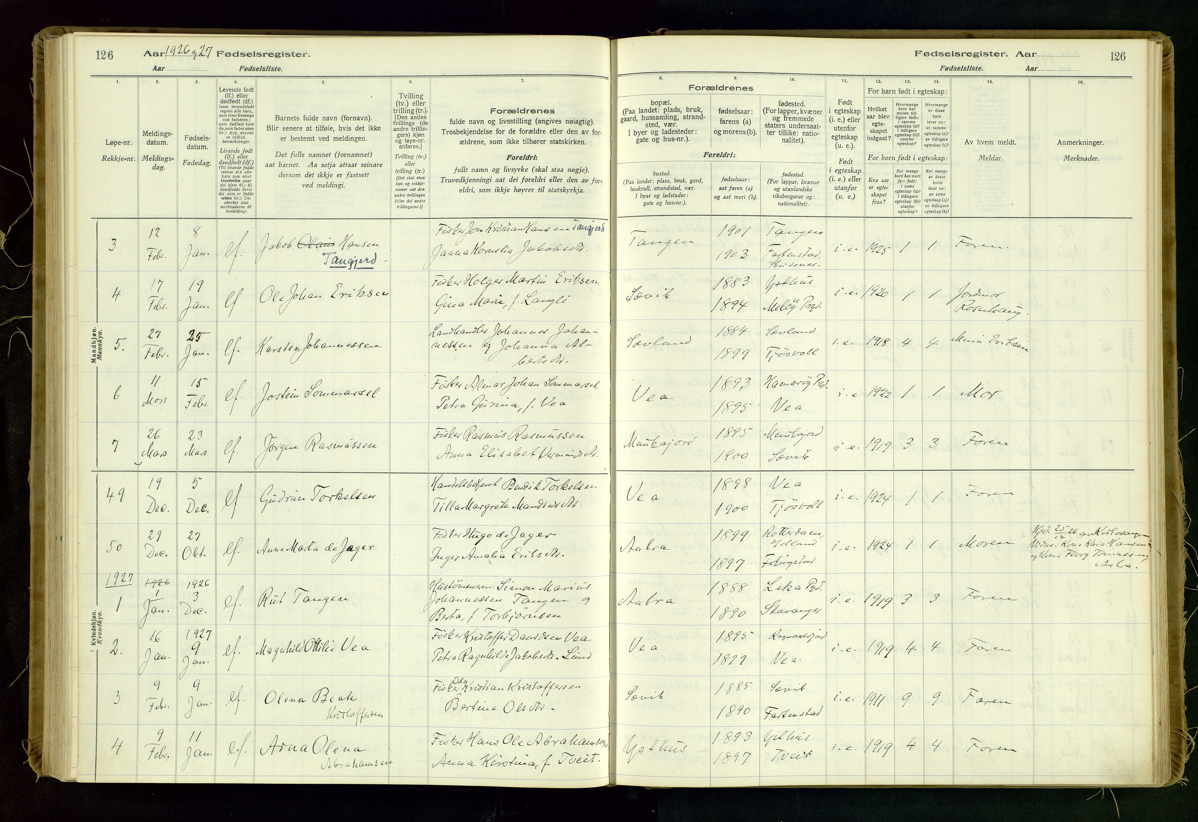 Kopervik sokneprestkontor, SAST/A-101850/I/Id/L0006: Fødselsregister nr. 6, 1916-1934, s. 126