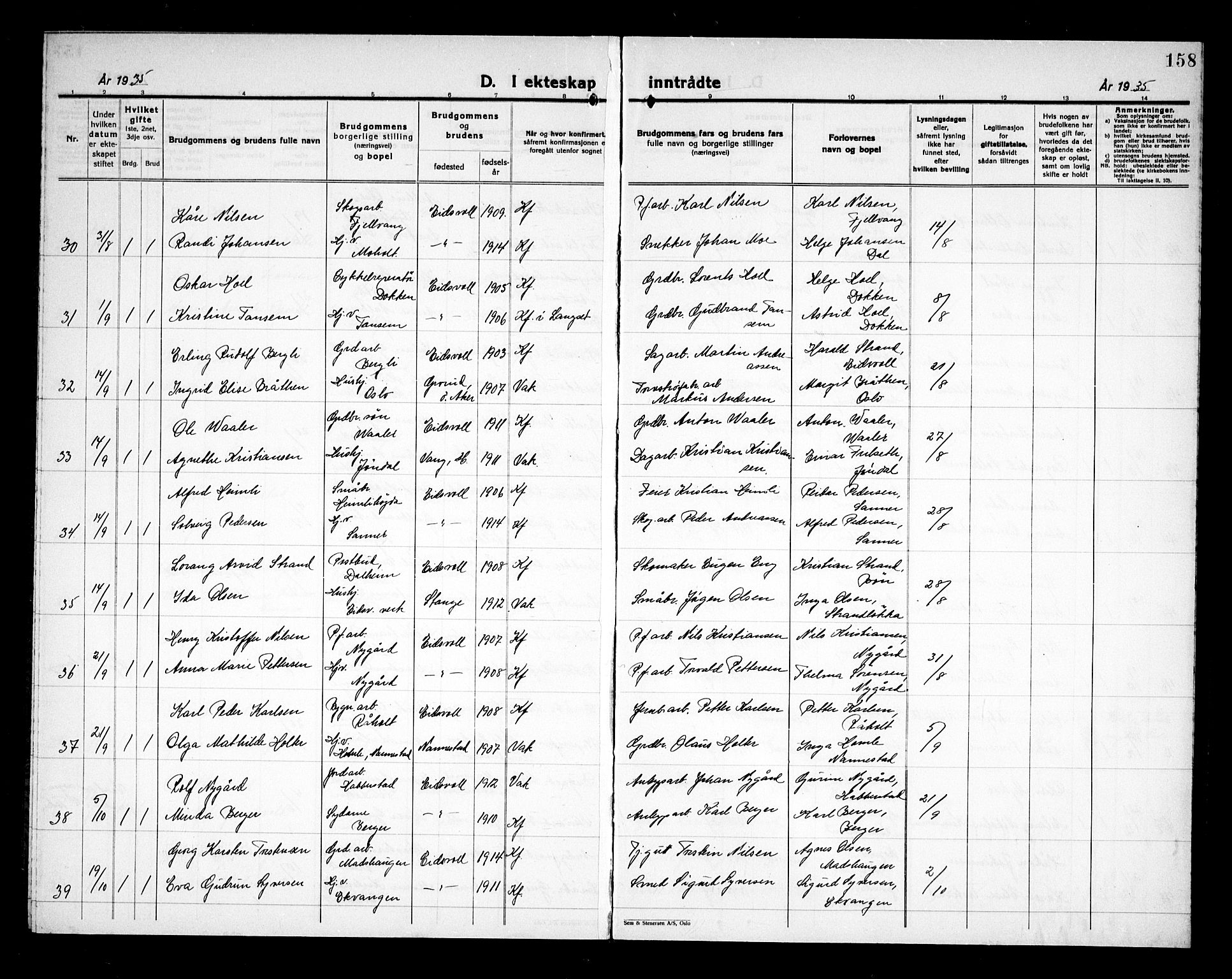 Eidsvoll prestekontor Kirkebøker, SAO/A-10888/G/Ga/L0011: Klokkerbok nr. I 11, 1926-1936, s. 158