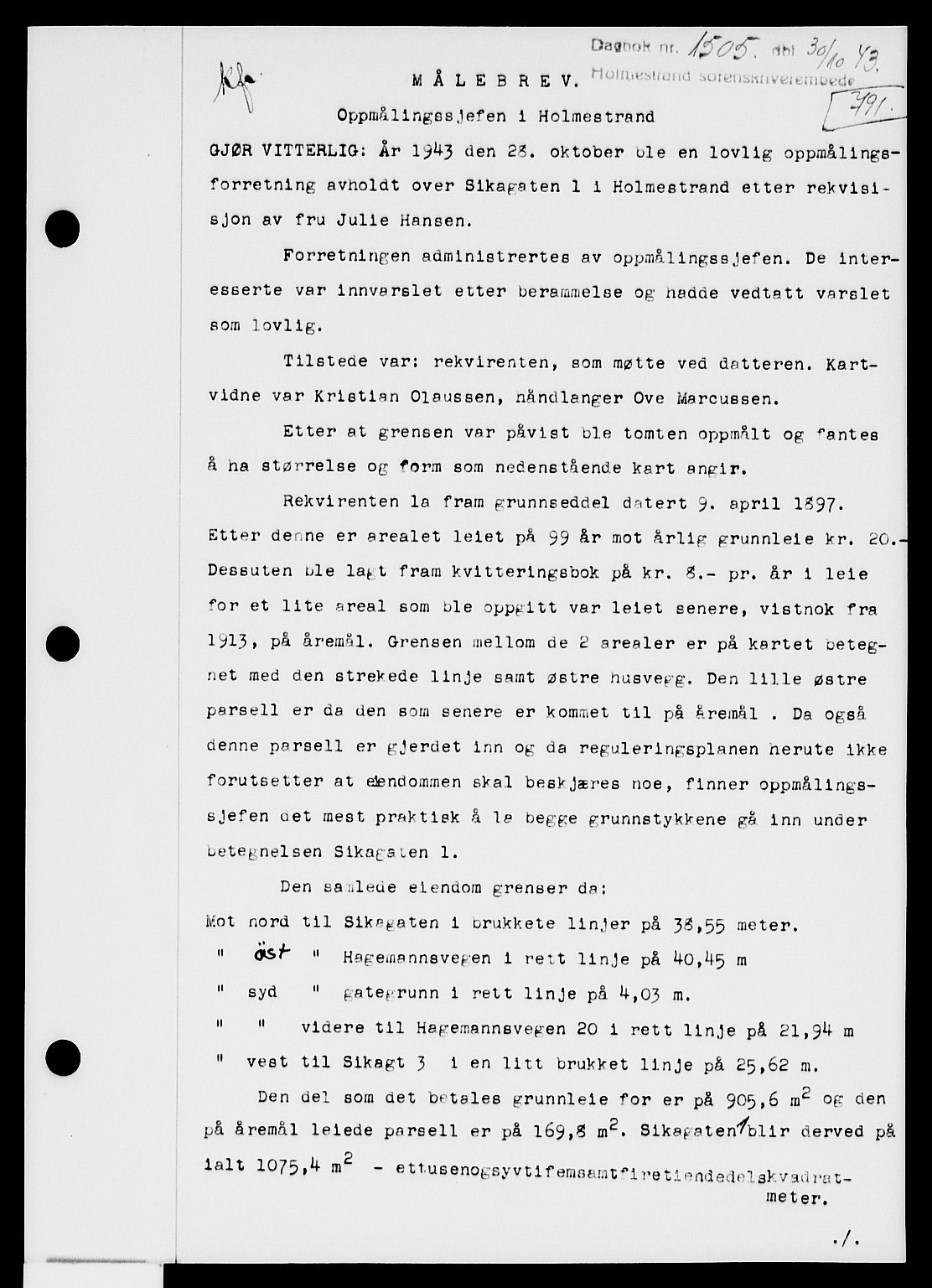 Holmestrand sorenskriveri, SAKO/A-67/G/Ga/Gaa/L0057: Pantebok nr. A-57, 1943-1944, Dagboknr: 1505/1943