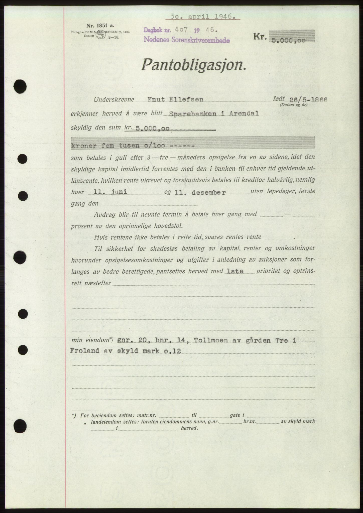 Nedenes sorenskriveri, SAK/1221-0006/G/Gb/Gbb/L0003: Pantebok nr. B3b, 1946-1946, Dagboknr: 407/1946