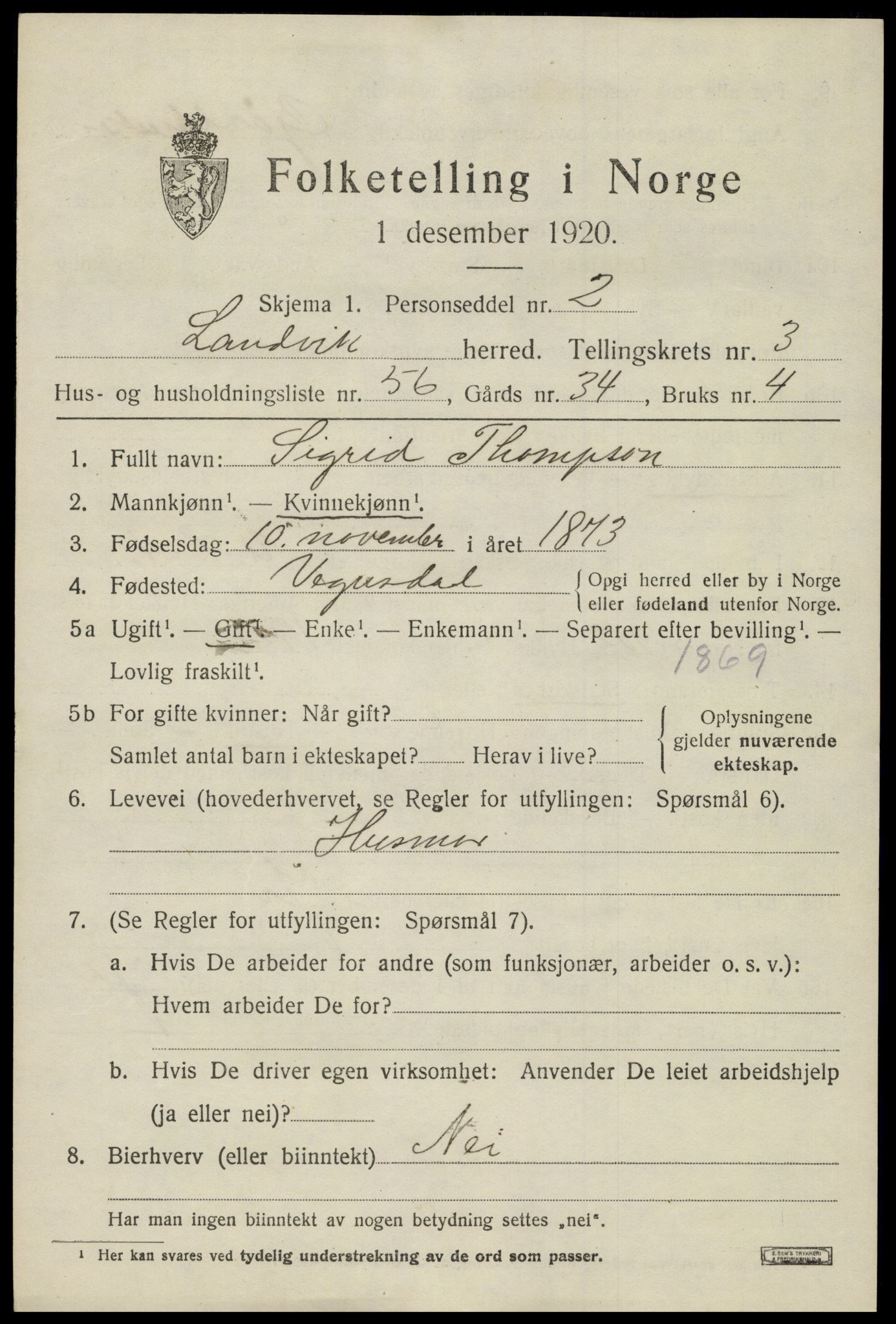 SAK, Folketelling 1920 for 0924 Landvik herred, 1920, s. 3434