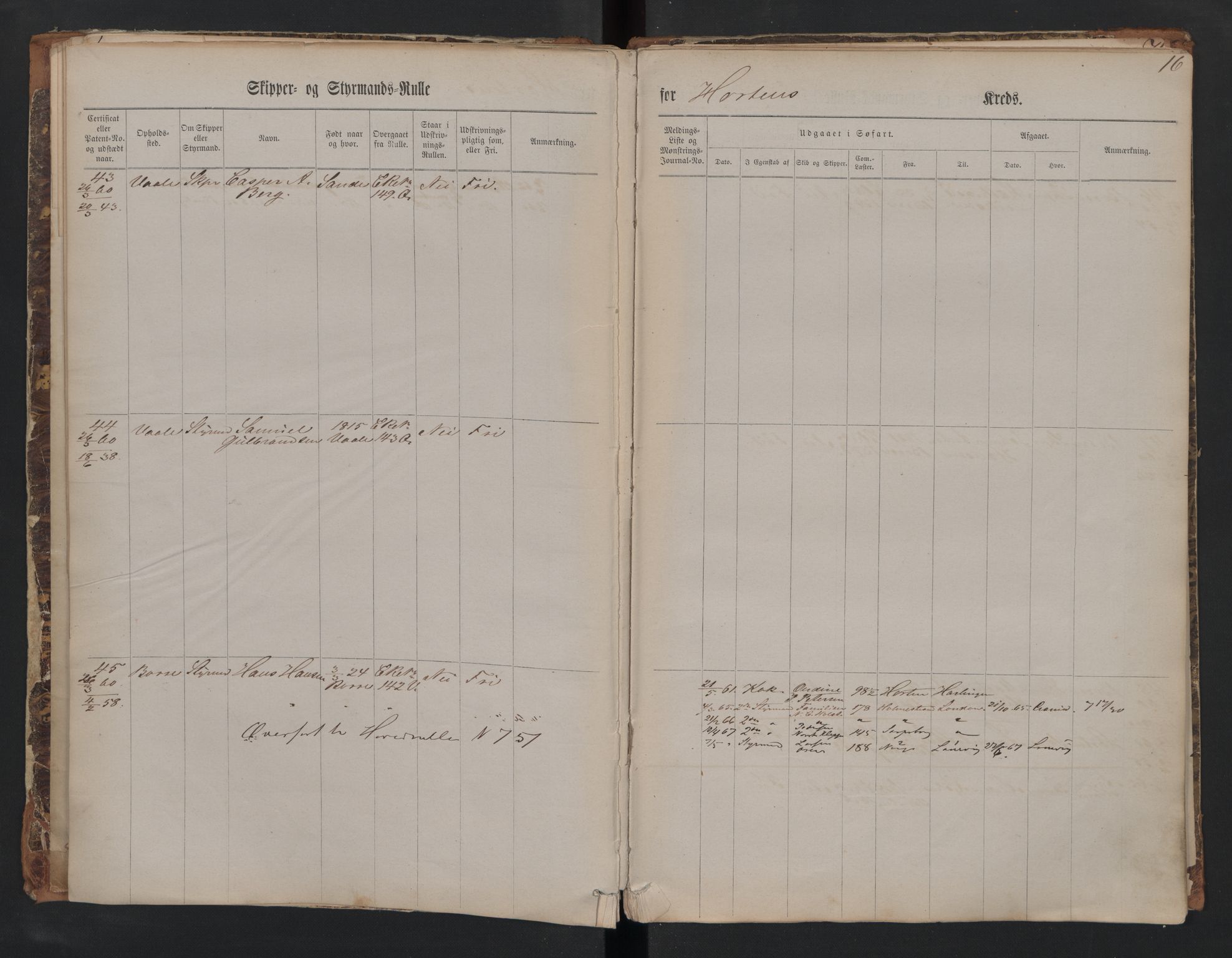 Horten innrulleringskontor, AV/SAKO-A-785/F/Fe/L0001: Patent nr. 1-171, 1860-1868, s. 16