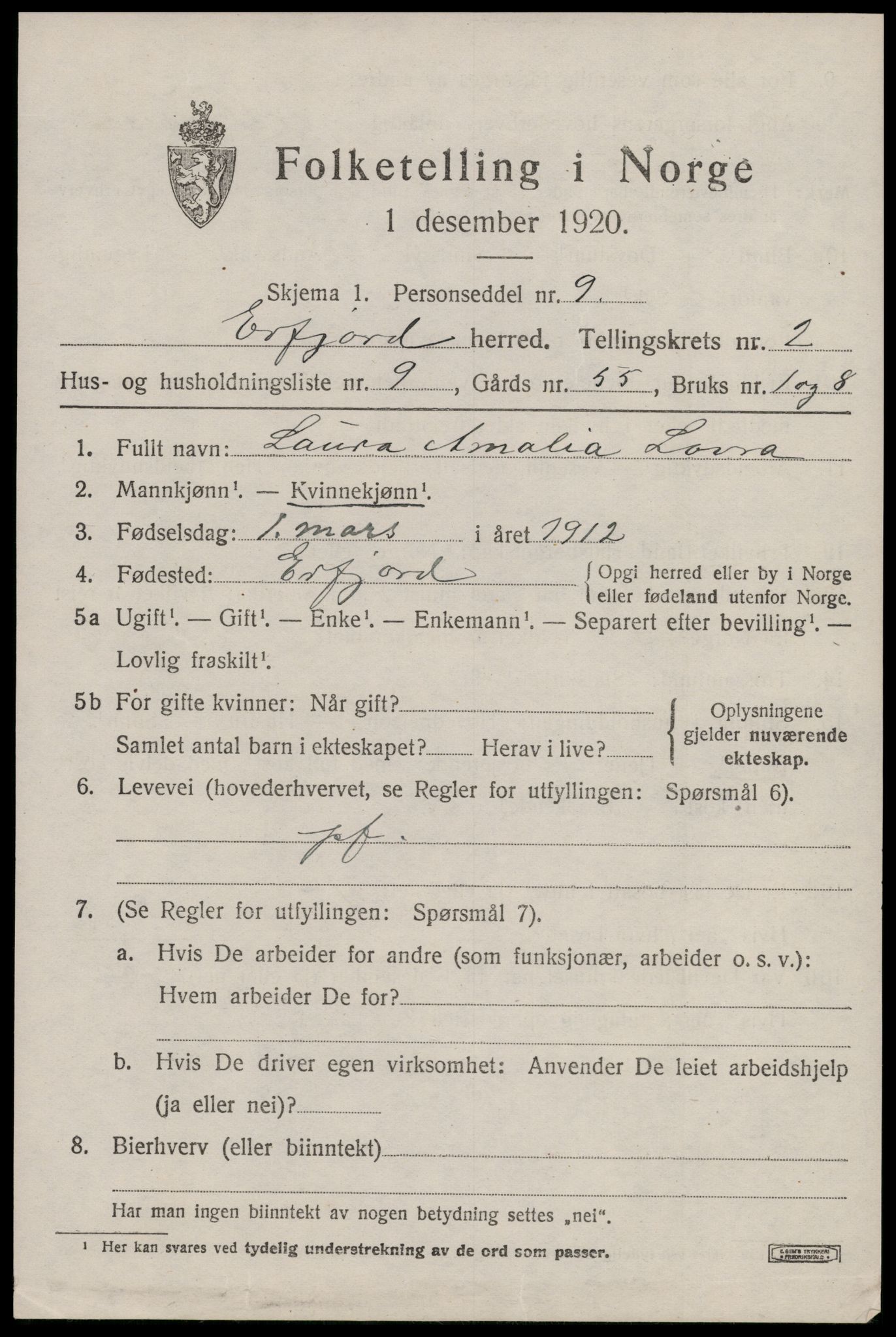 SAST, Folketelling 1920 for 1137 Erfjord herred, 1920, s. 727