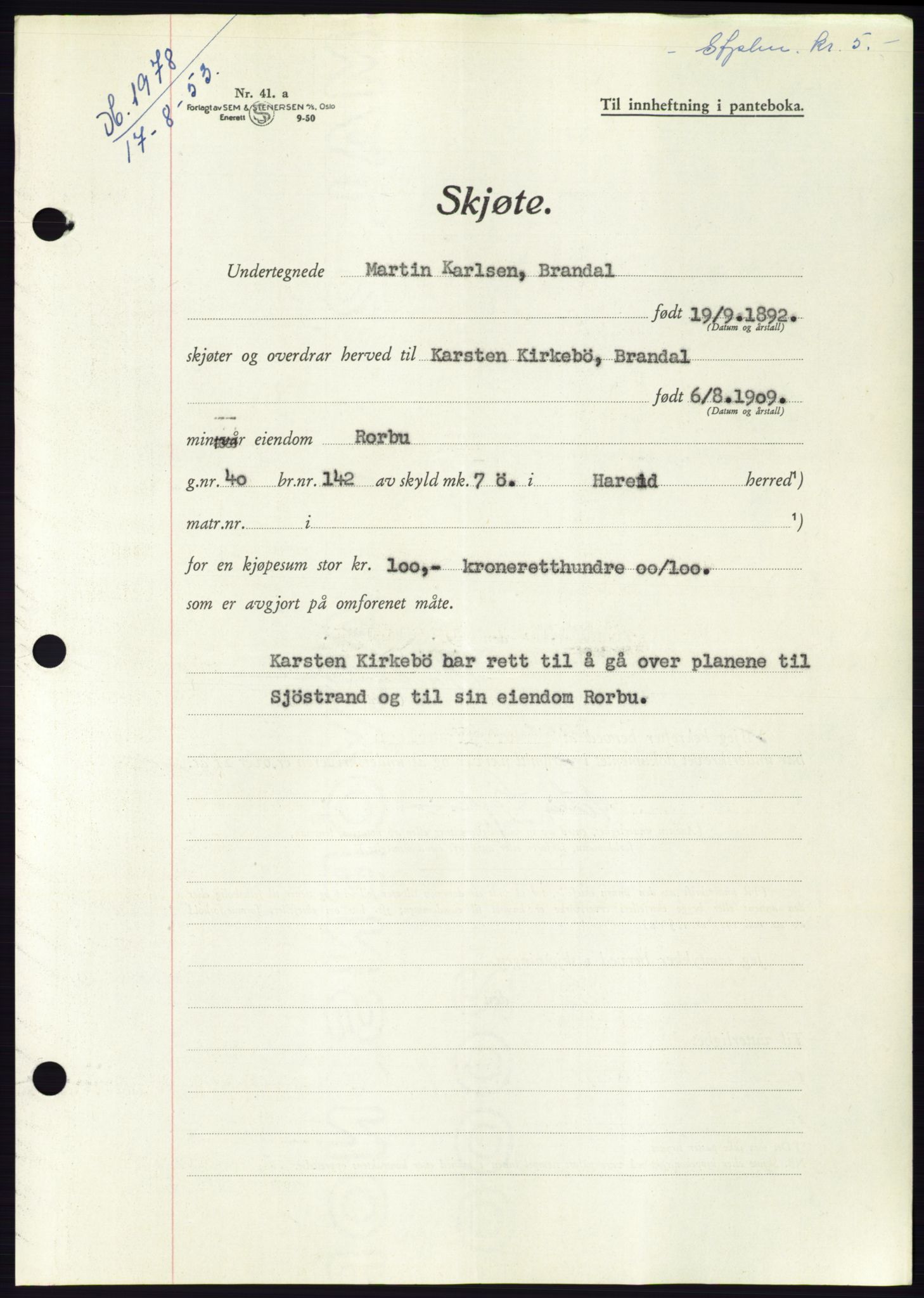 Søre Sunnmøre sorenskriveri, AV/SAT-A-4122/1/2/2C/L0095: Pantebok nr. 21A, 1953-1953, Dagboknr: 1978/1953