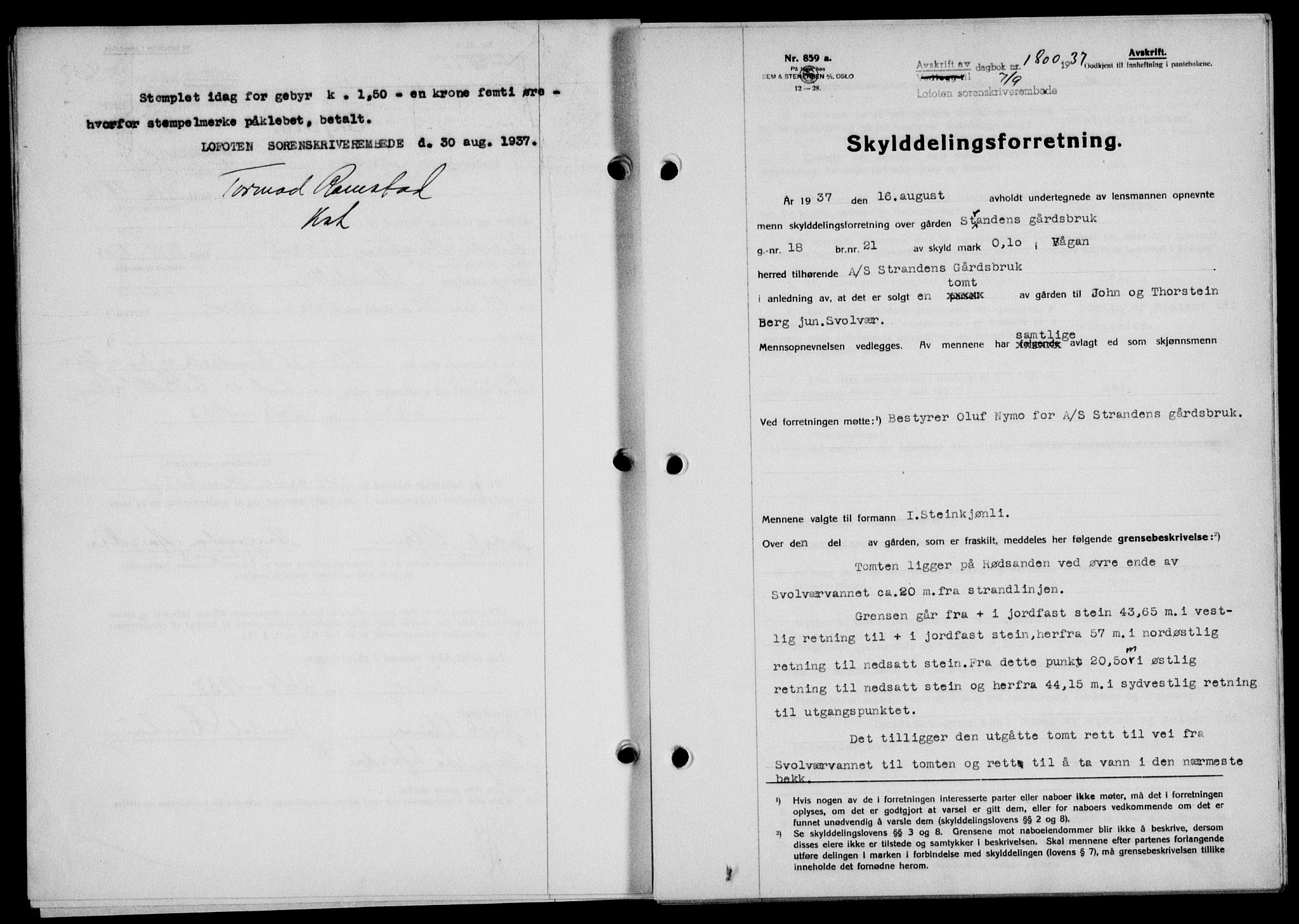 Lofoten sorenskriveri, SAT/A-0017/1/2/2C/L0002a: Pantebok nr. 2a, 1937-1937, Dagboknr: 1800/1937