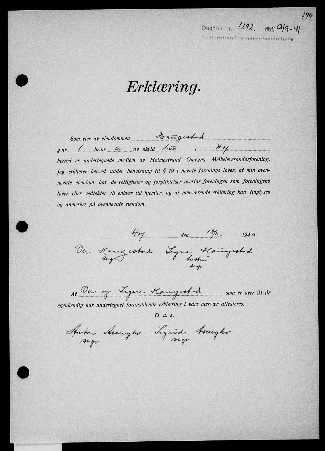 Holmestrand sorenskriveri, SAKO/A-67/G/Ga/Gaa/L0053: Pantebok nr. A-53, 1941-1941, Dagboknr: 1292/1941
