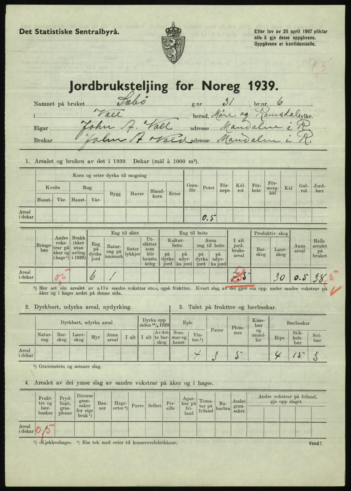 Statistisk sentralbyrå, Næringsøkonomiske emner, Jordbruk, skogbruk, jakt, fiske og fangst, AV/RA-S-2234/G/Gb/L0251: Møre og Romsdal: Voll, Eid, Grytten og Hen, 1939, s. 65