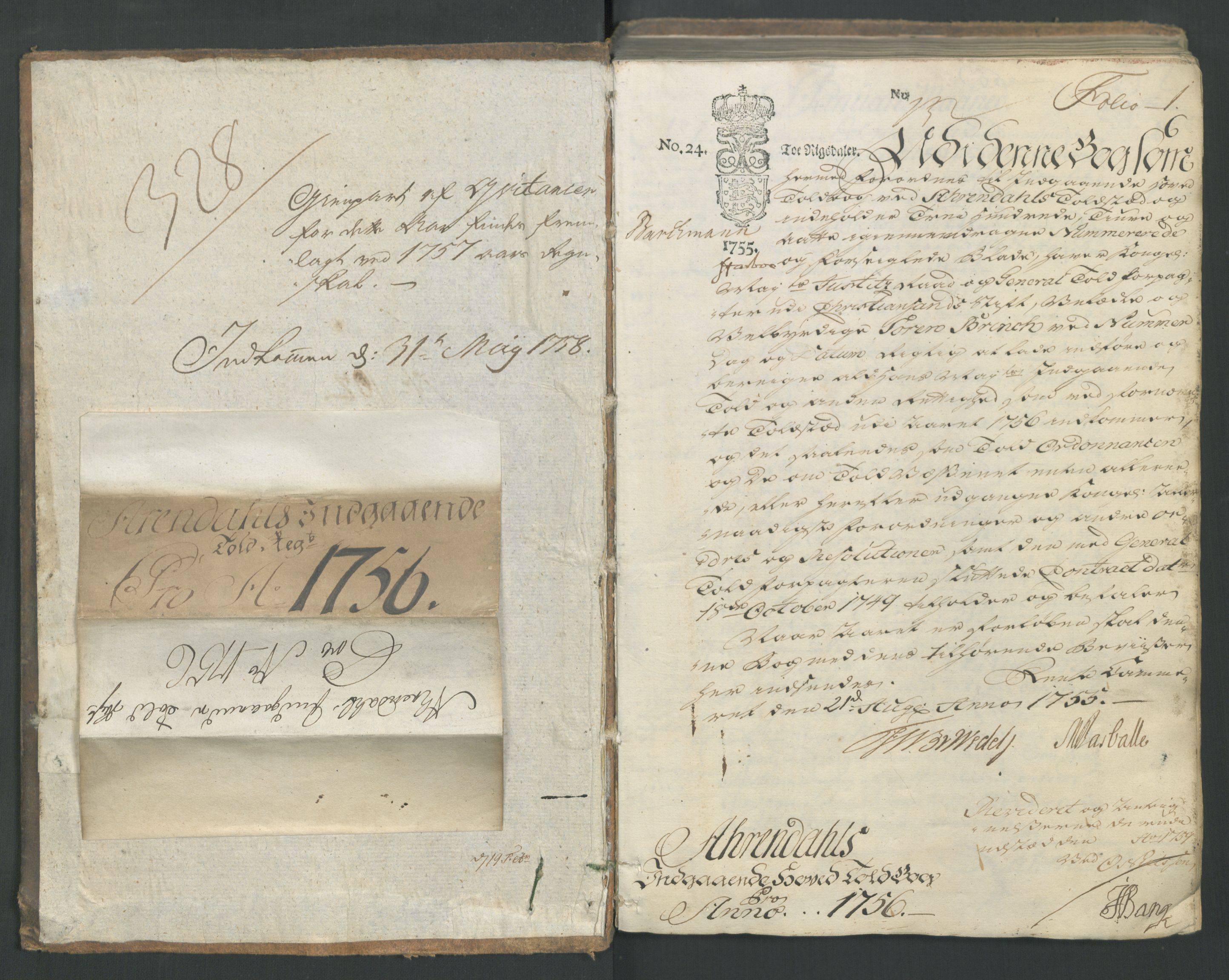 Generaltollkammeret, tollregnskaper, RA/EA-5490/R15/L0029/0001: Tollregnskaper Arendal / Inngående hovedtollbok, 1756, s. 1a