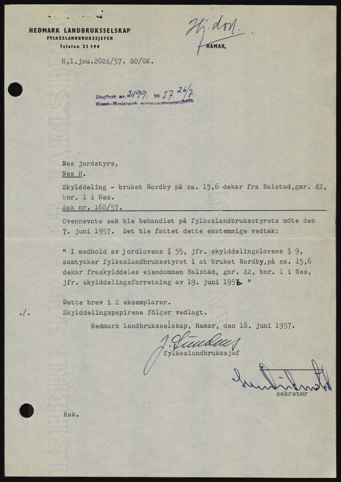 Nord-Hedmark sorenskriveri, SAH/TING-012/H/Hc/L0011: Pantebok nr. 11, 1956-1957, Dagboknr: 2199/1957