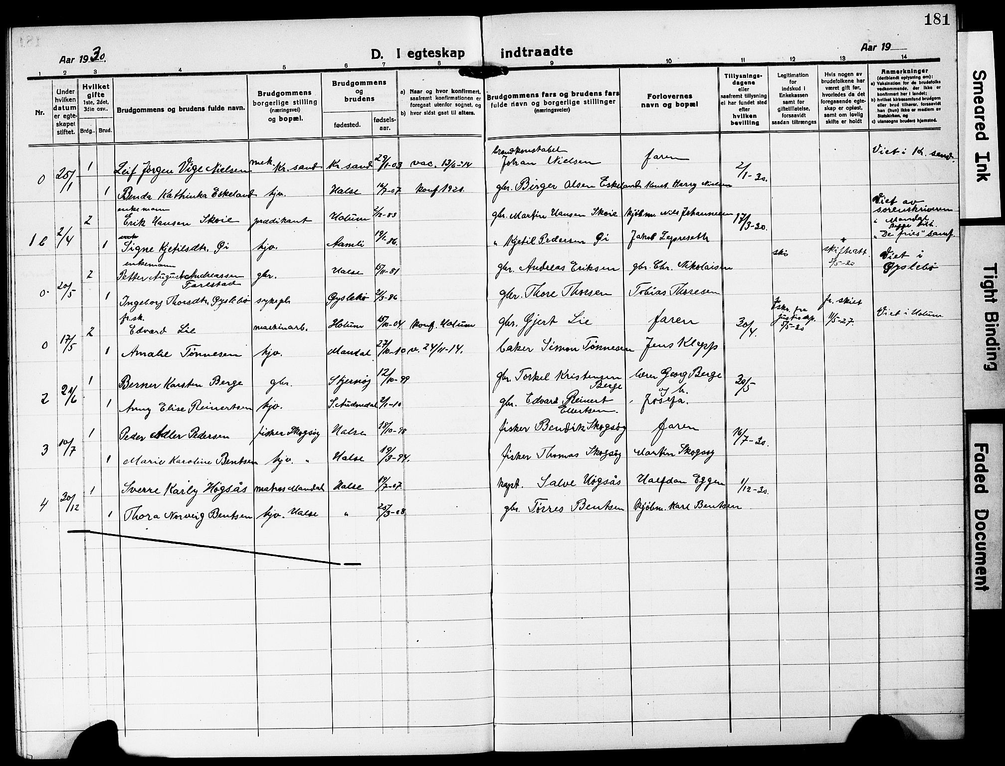 Mandal sokneprestkontor, AV/SAK-1111-0030/F/Fb/Fba/L0013: Klokkerbok nr. B 7, 1918-1931, s. 181